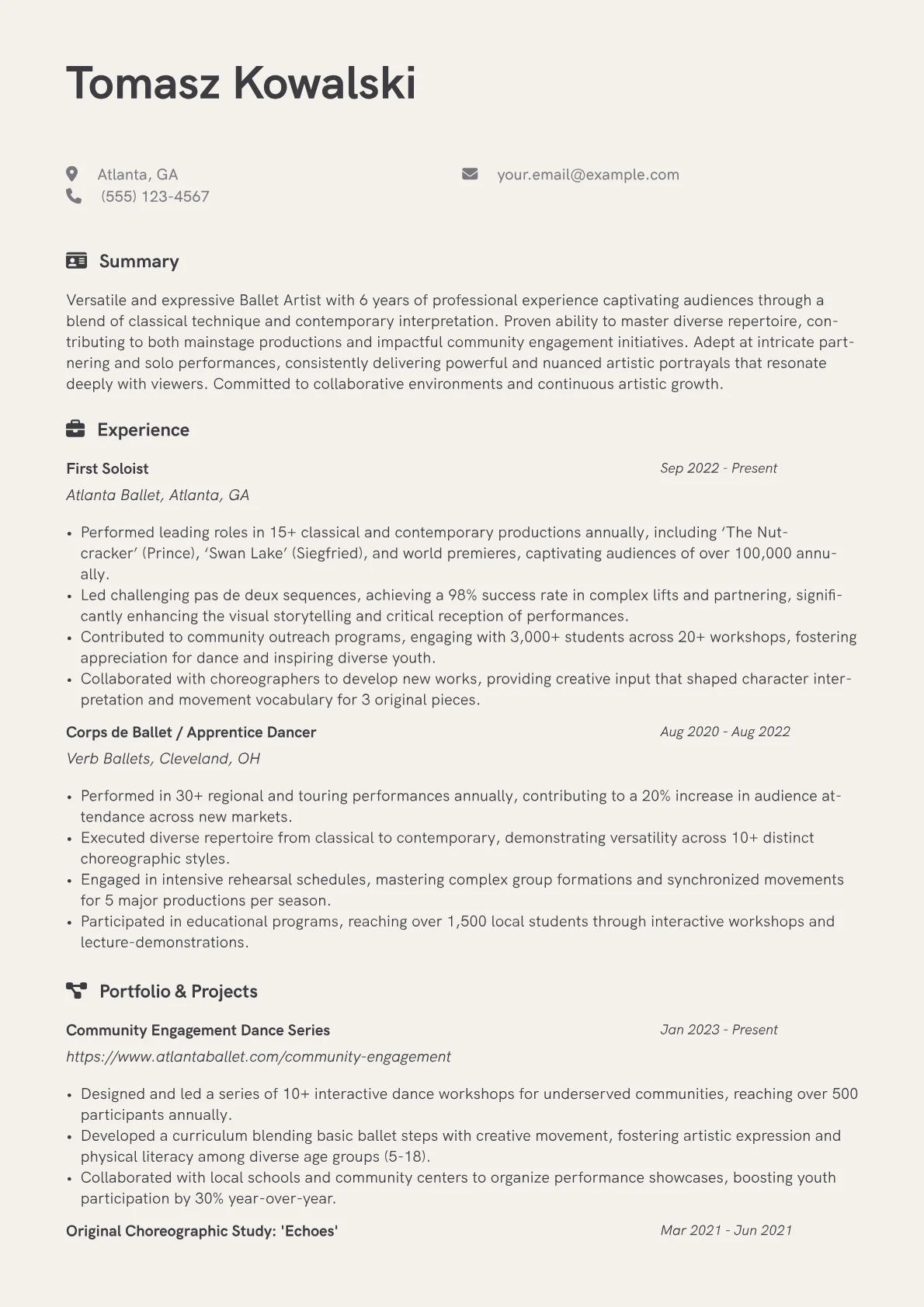 Ballet Dancer resume example, Ballet Techniques, page 1