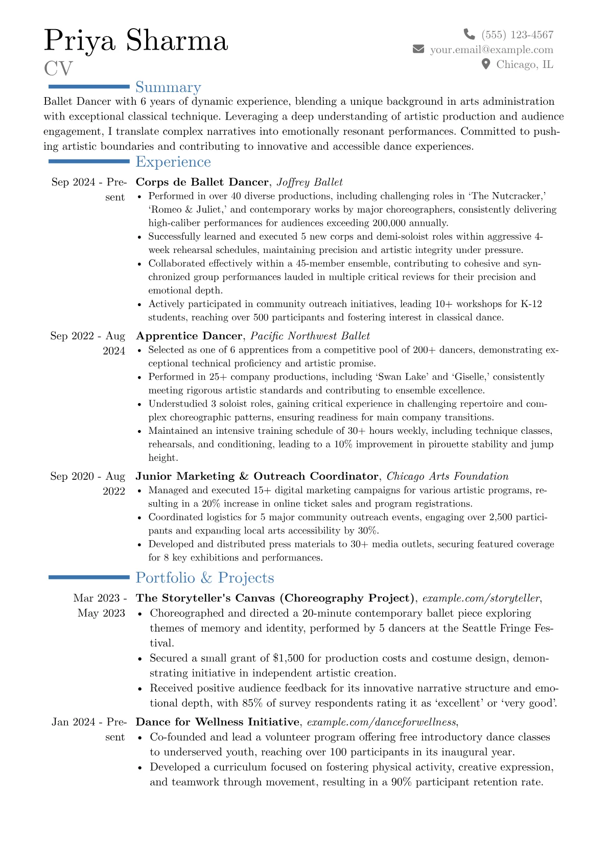 Ballet Dancer resume example, Career changer, page 1