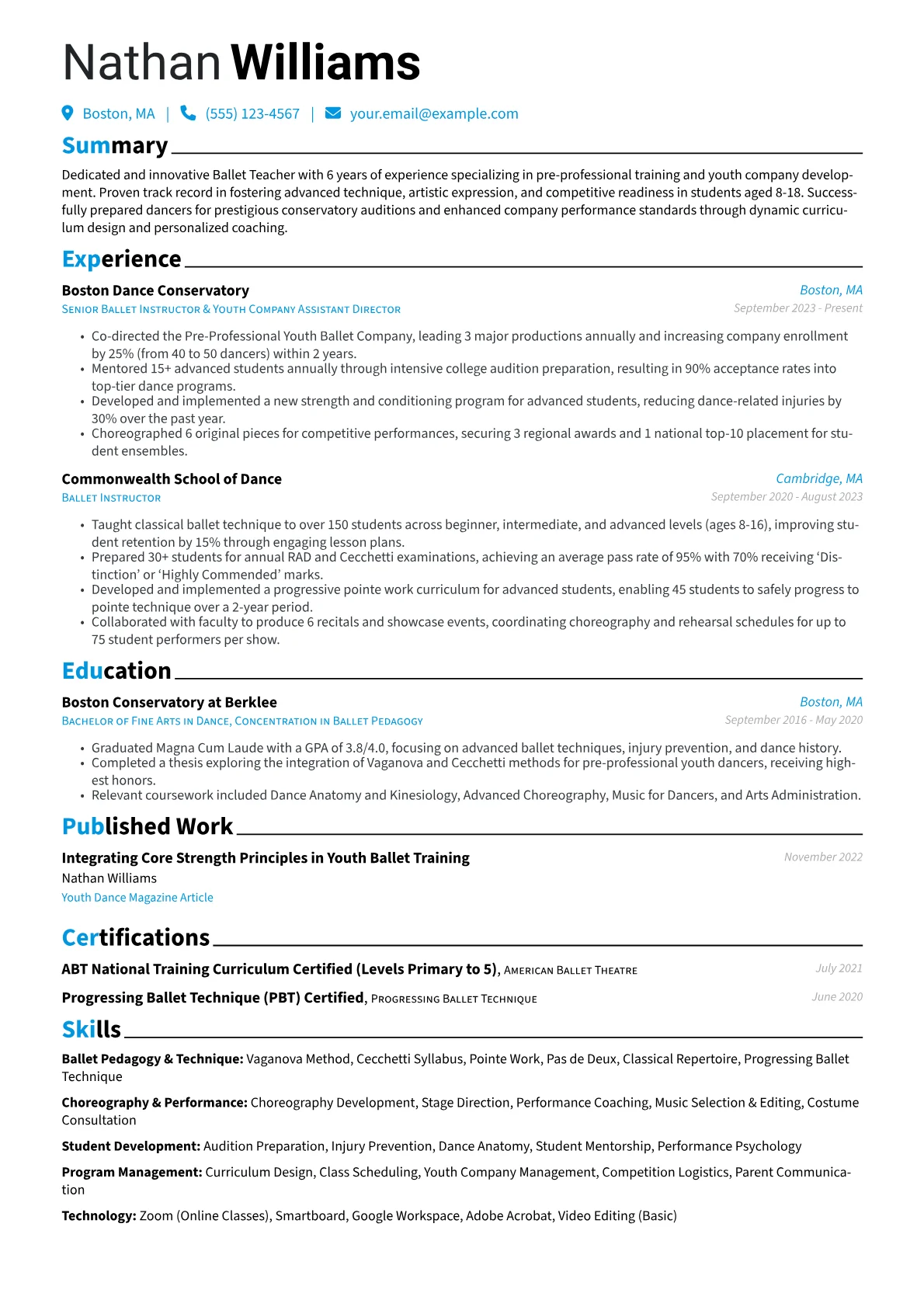 Ballet Teacher resume example, Ballet Teacher, page 1