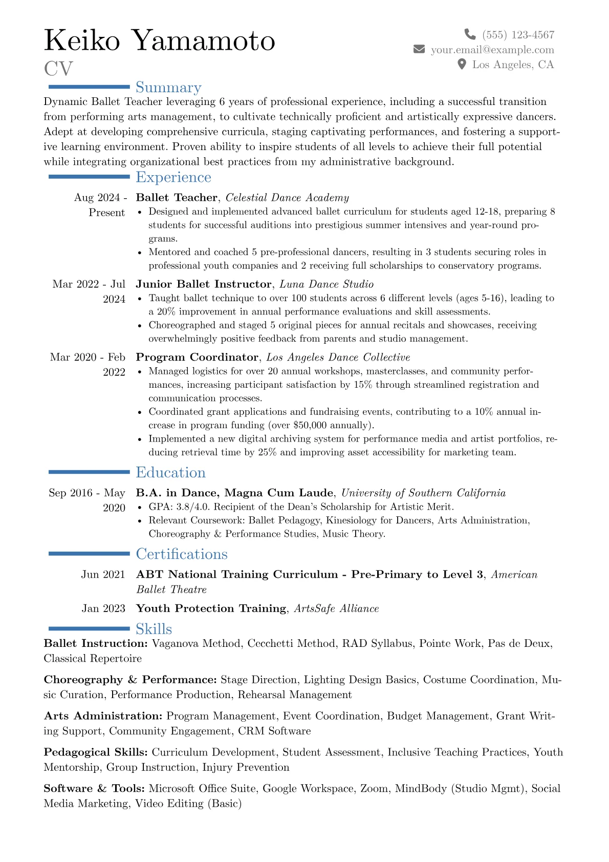 Ballet Teacher resume example, Career changer, page 1