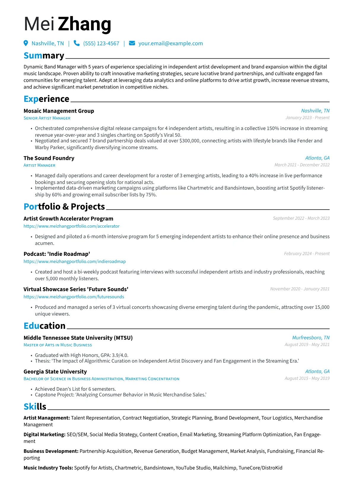 Band Manager resume example, Artist Management, page 1