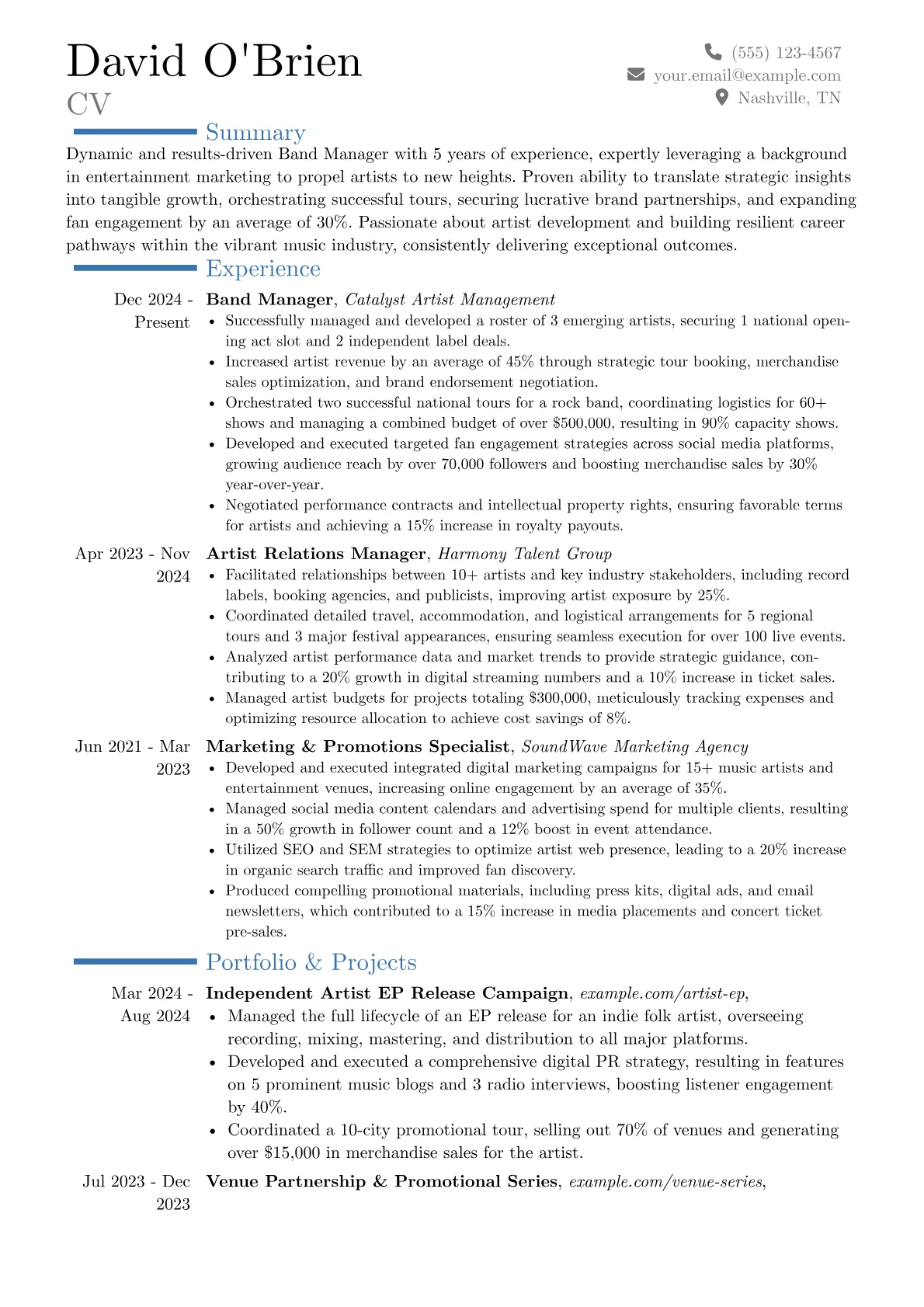 Band Manager resume example, Career changer, page 1