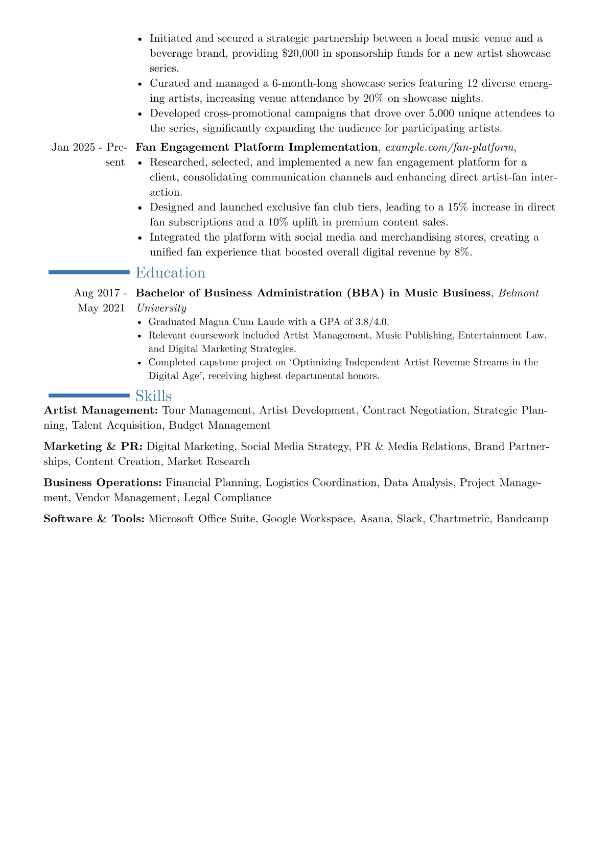 Band Manager resume example, Career changer, page 2