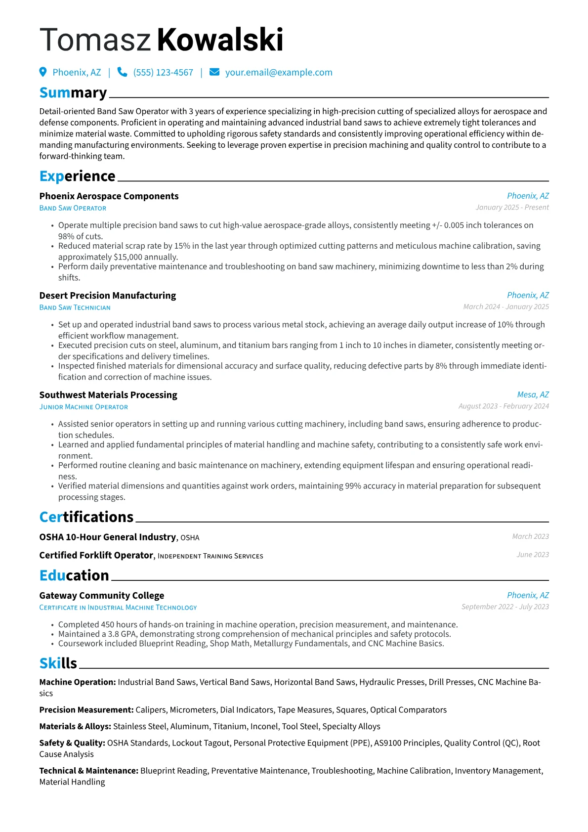 Band Saw Operator resume example, Band Saw Operator, page 1