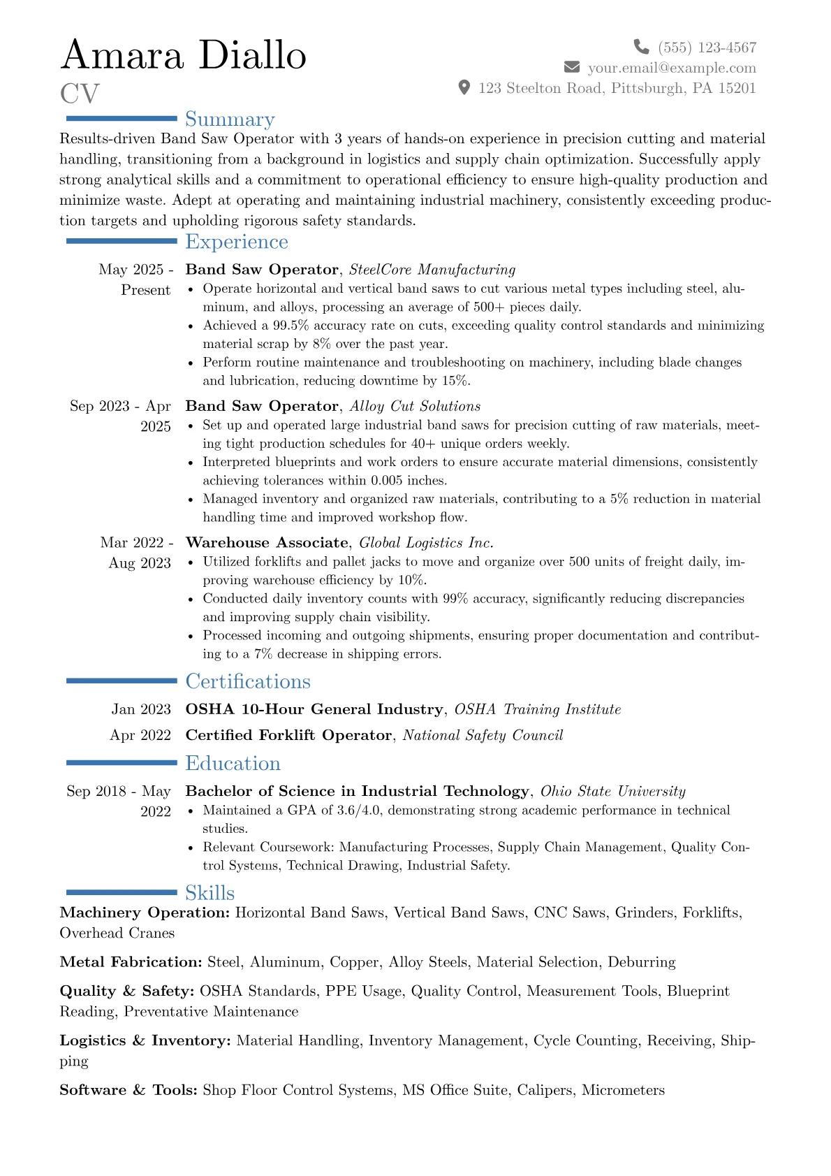 Band Saw Operator resume example, Career changer, page 1