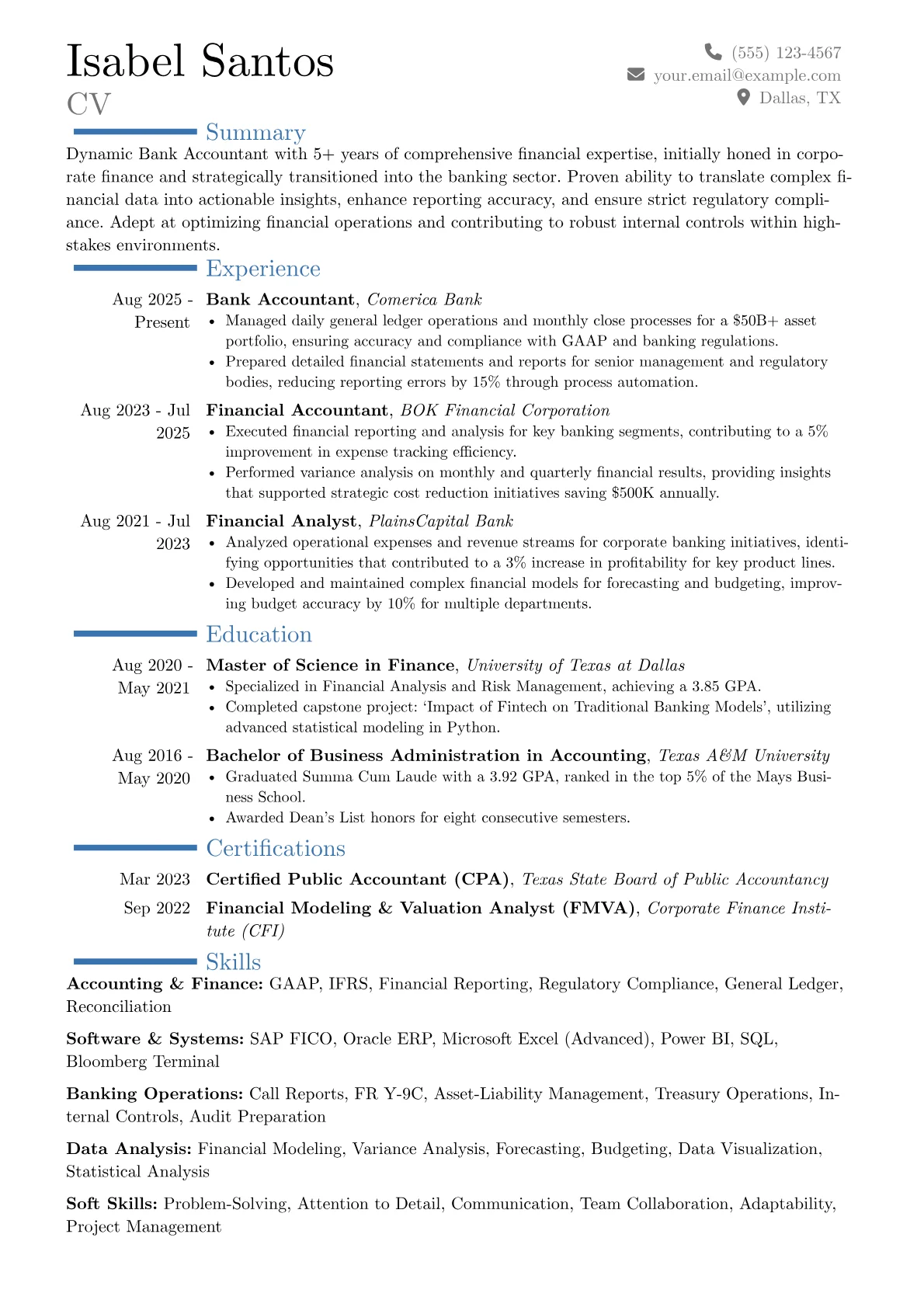 Bank Accountant resume example, Career changer, page 1