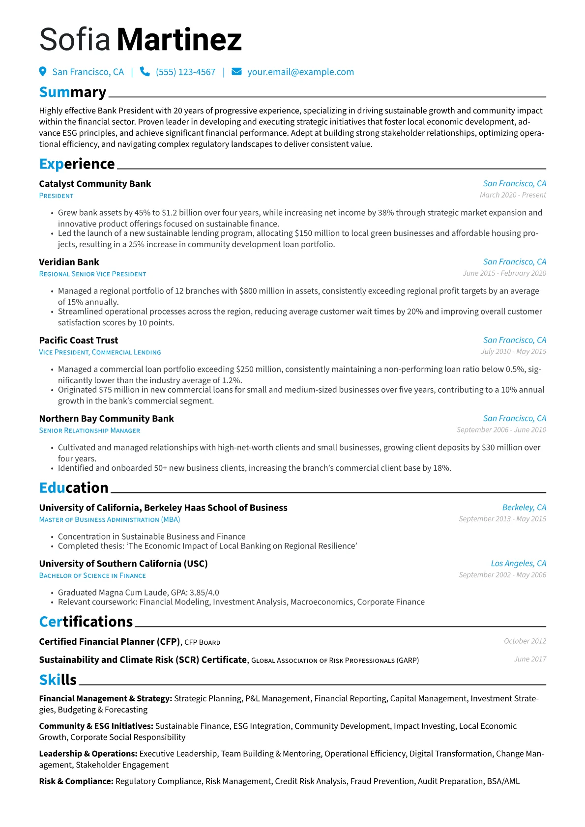 Bank President resume example, Bank President, page 1