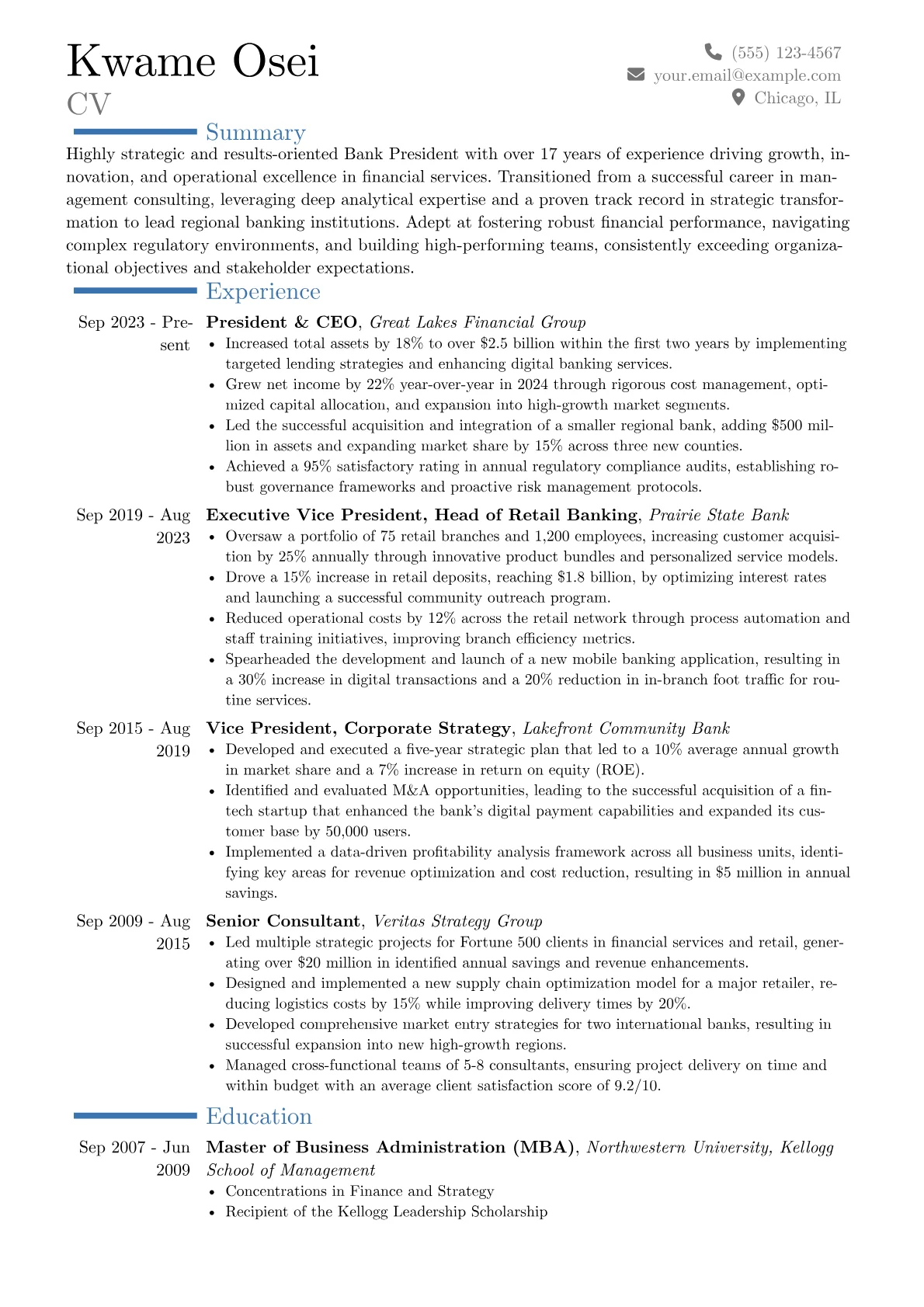 Bank President resume example, Career changer, page 1