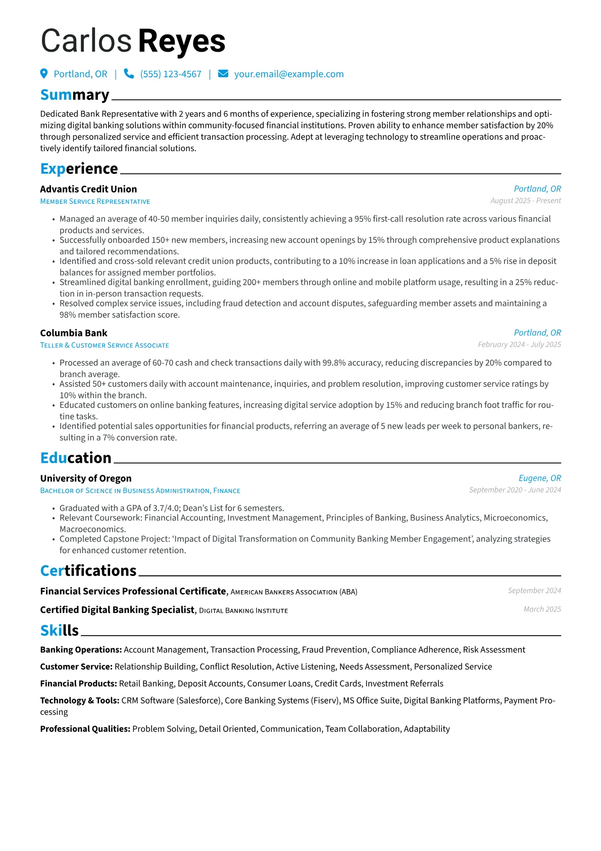 Bank Representative resume example, Banking Operations, page 1