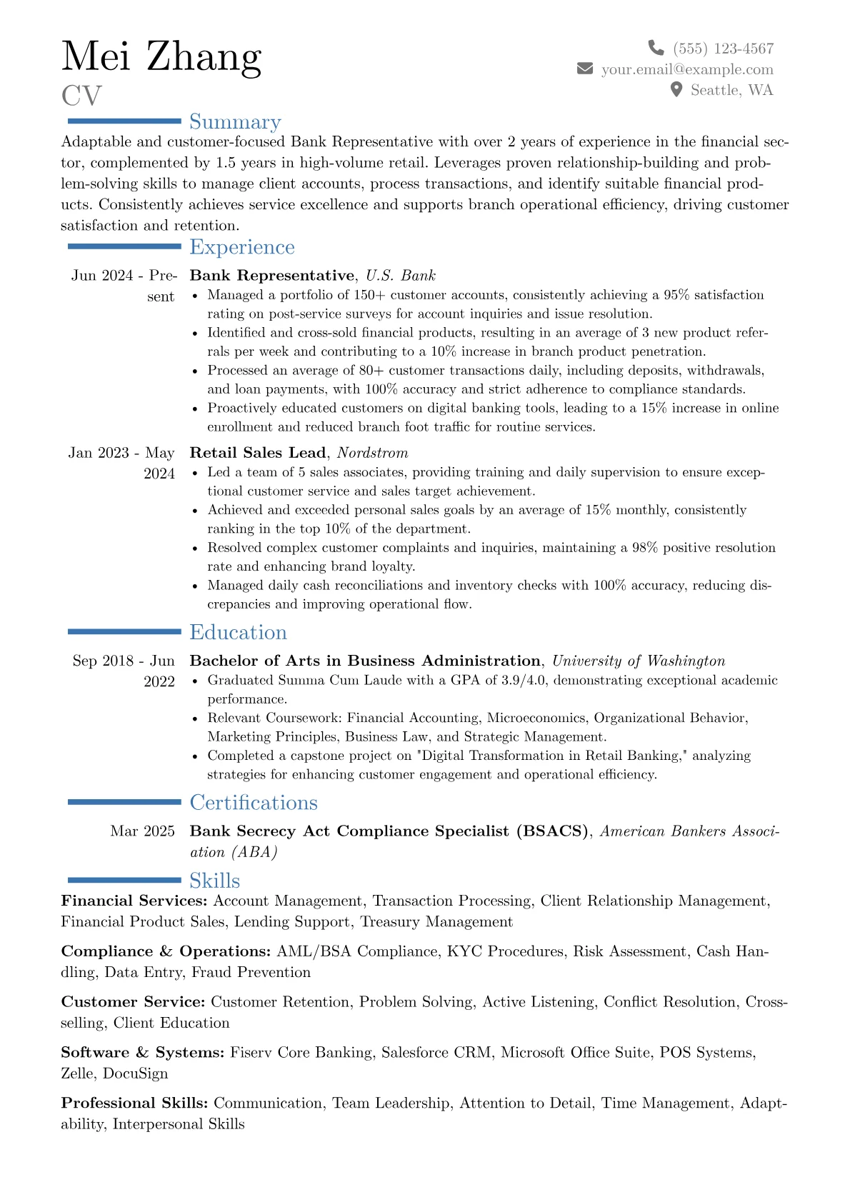 Bank Representative resume example, Career changer, page 1