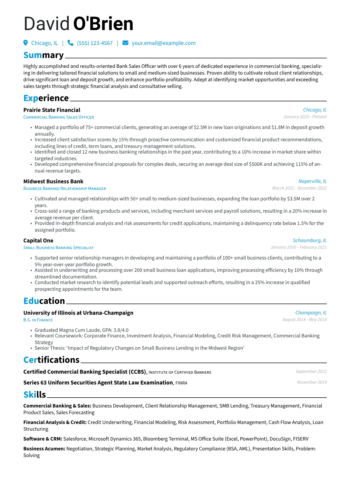 Bank Sales Officer resume example, Commercial Banking, page 1