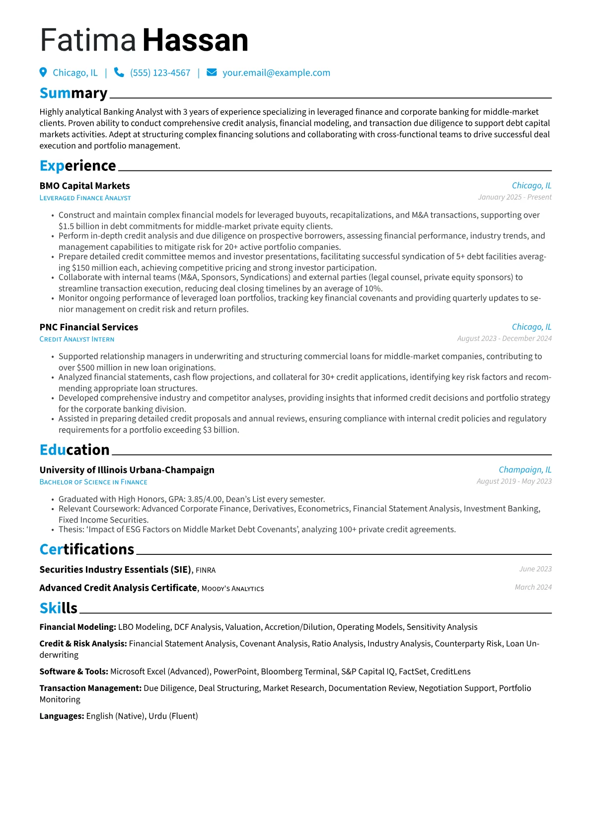 Banking Analyst resume example, Middle Market Leveraged, page 1