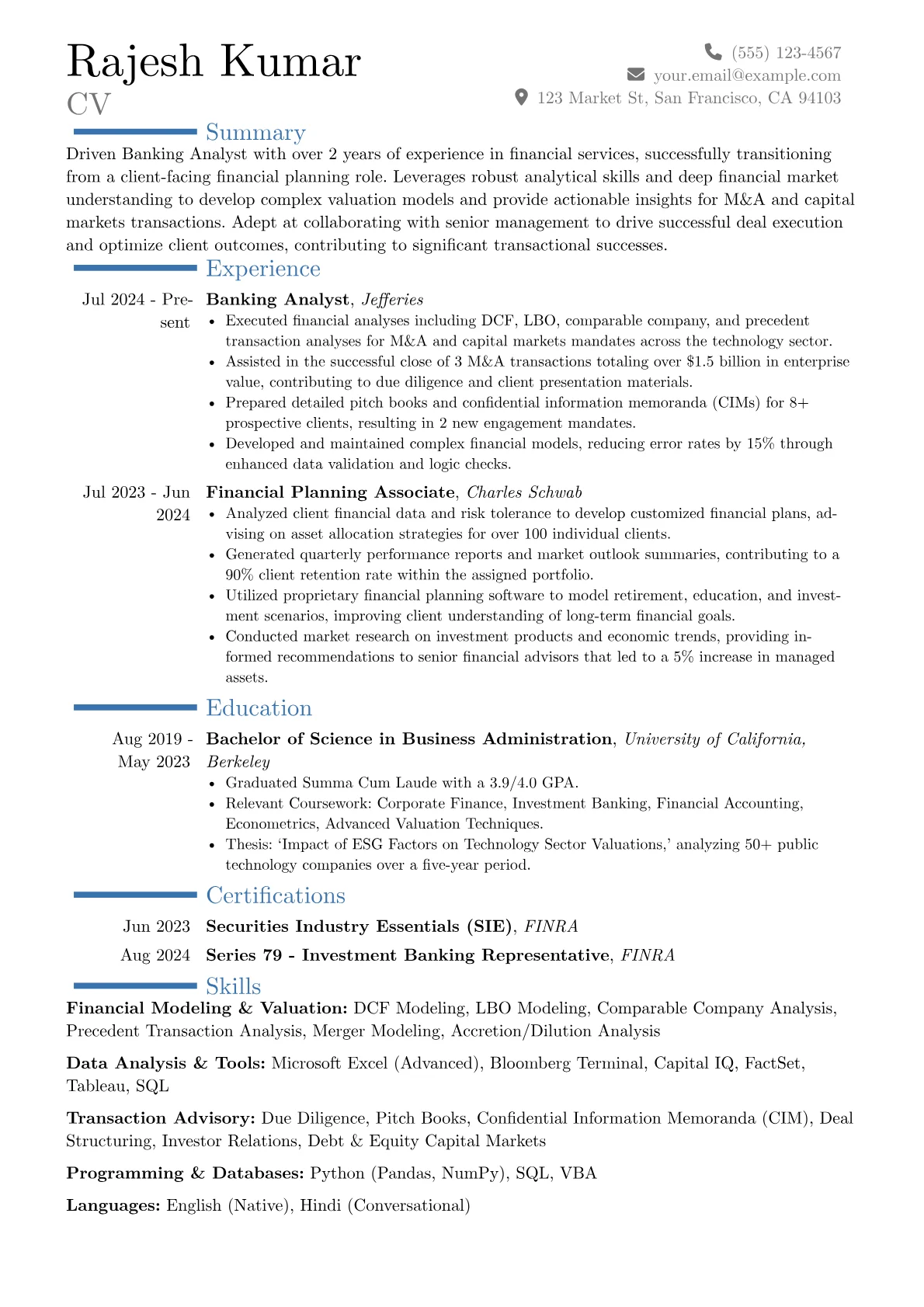 Banking Analyst resume example, Career changer, page 1