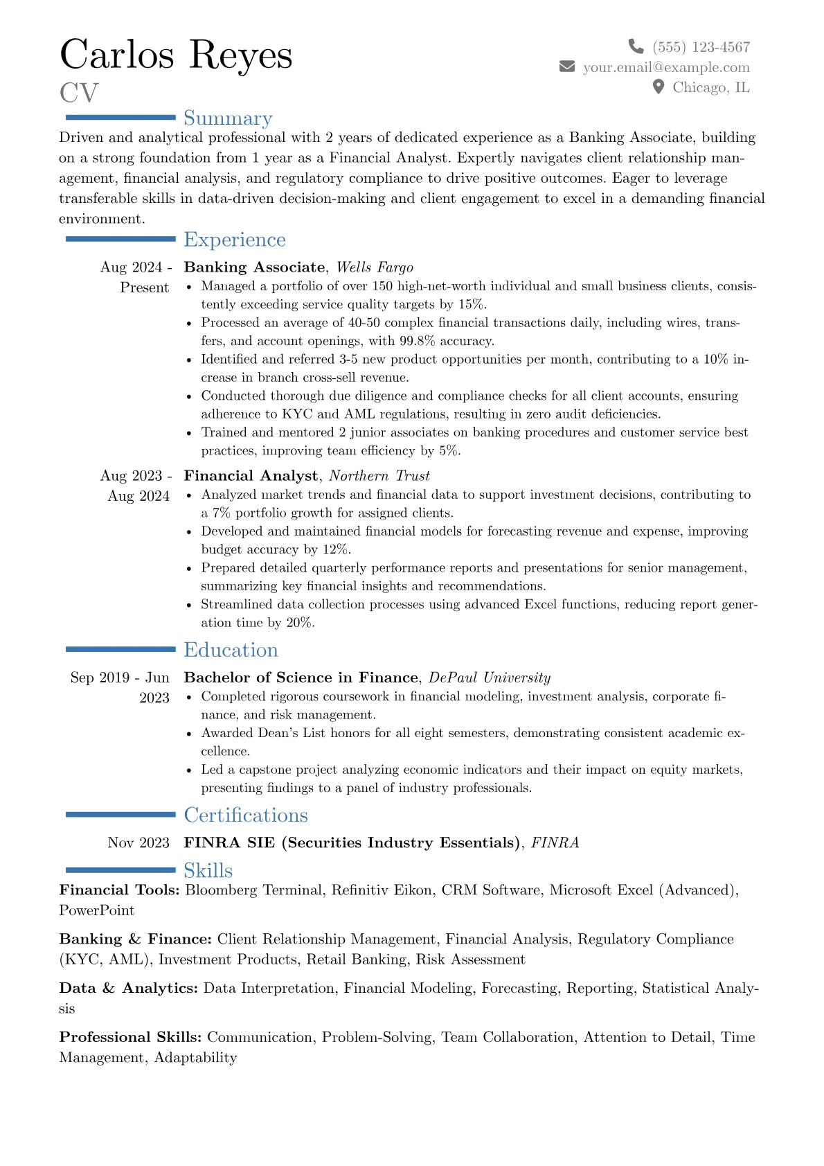 Banking Associate resume example, Career changer, page 1