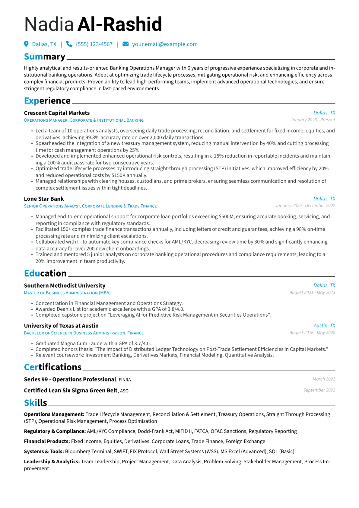 Banking Operations Manager resume example, Corporate & Institutional, page 1