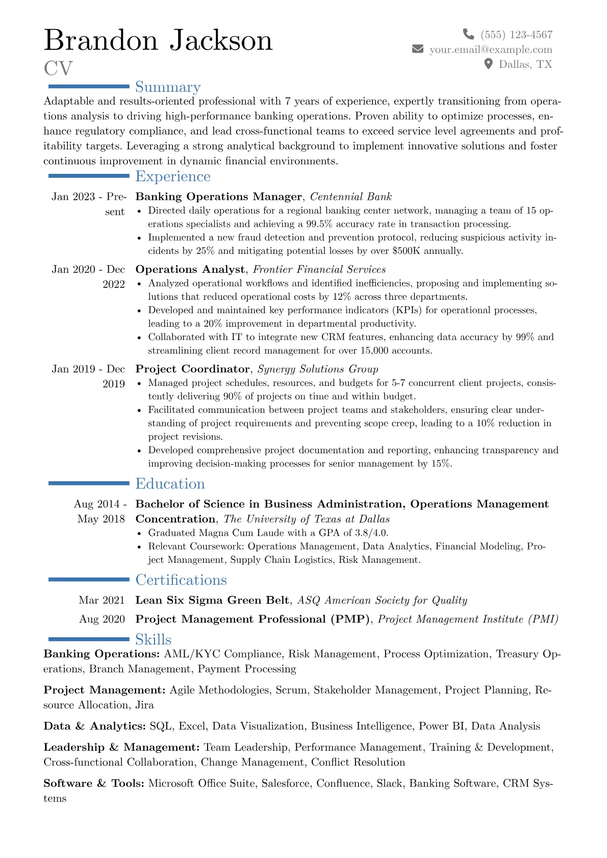 Banking Operations Manager resume example, Career changer, page 1