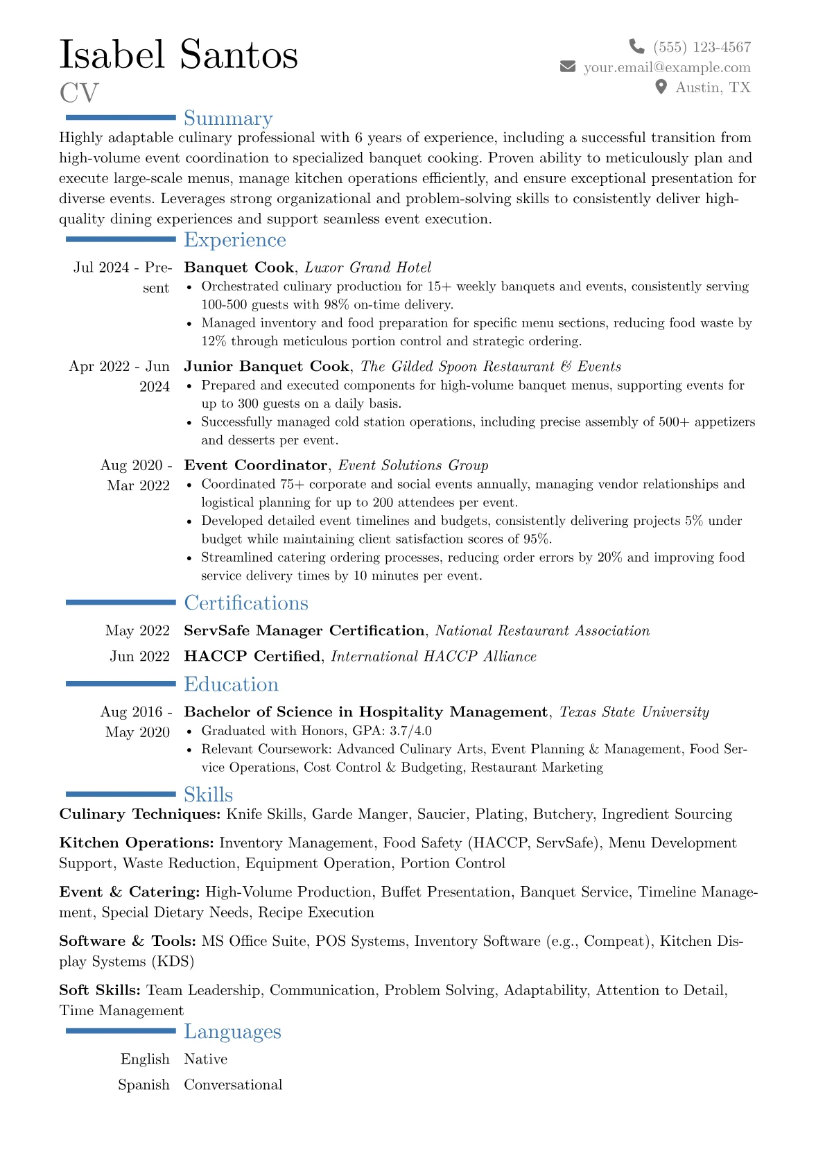 Banquet Cook resume example, Career changer, page 1