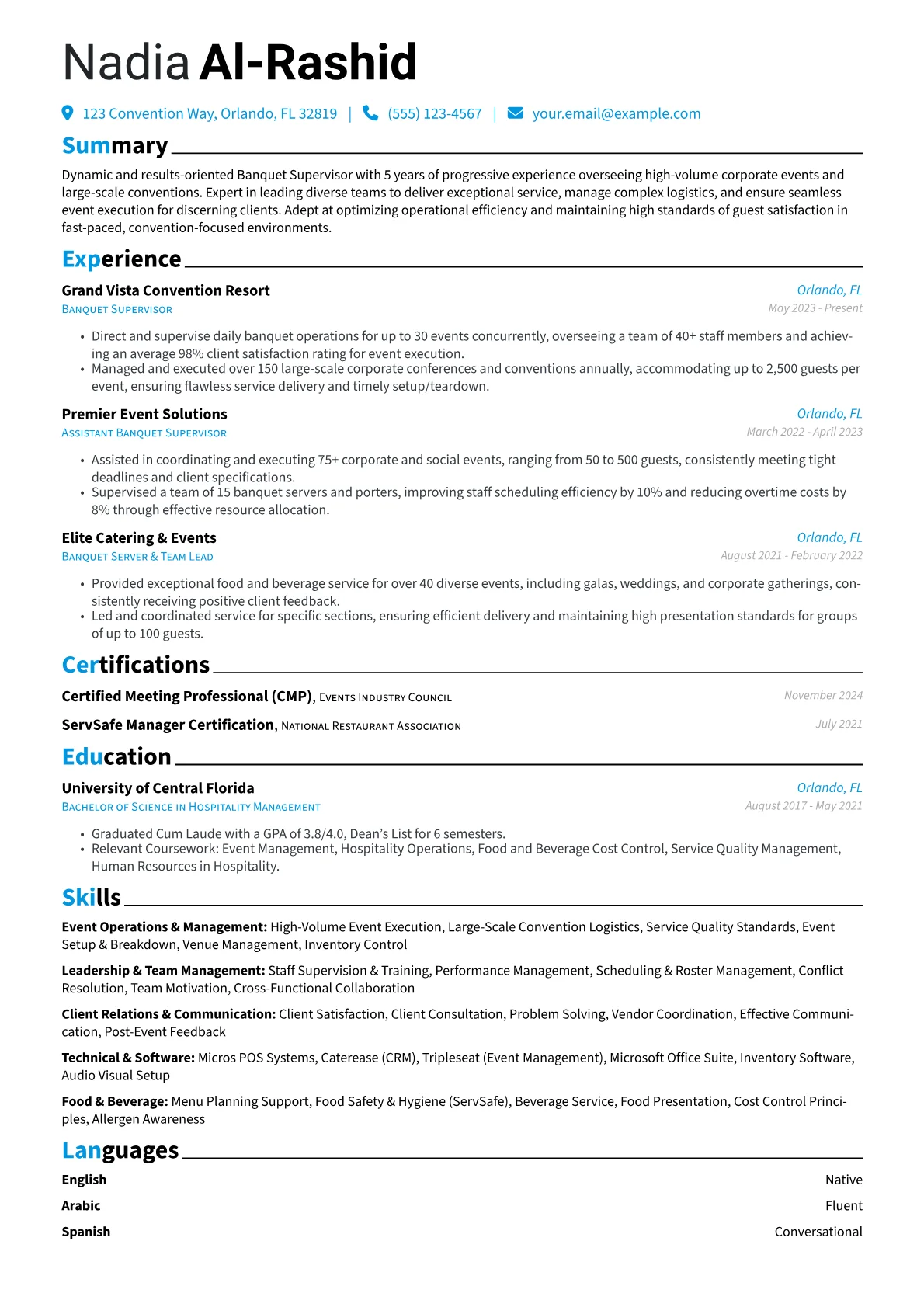 Banquet Supervisor resume example, Banquet Supervisor, page 1