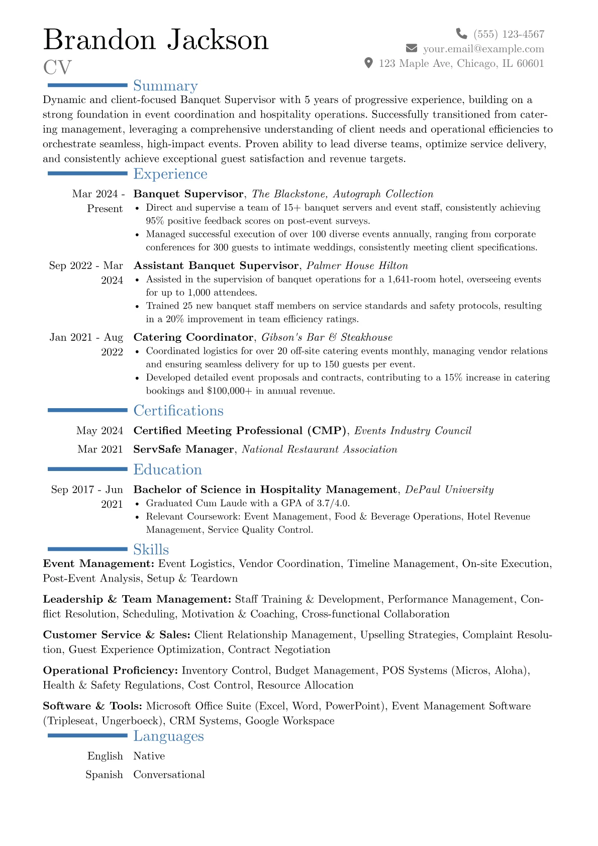 Banquet Supervisor resume example, Career changer, page 1