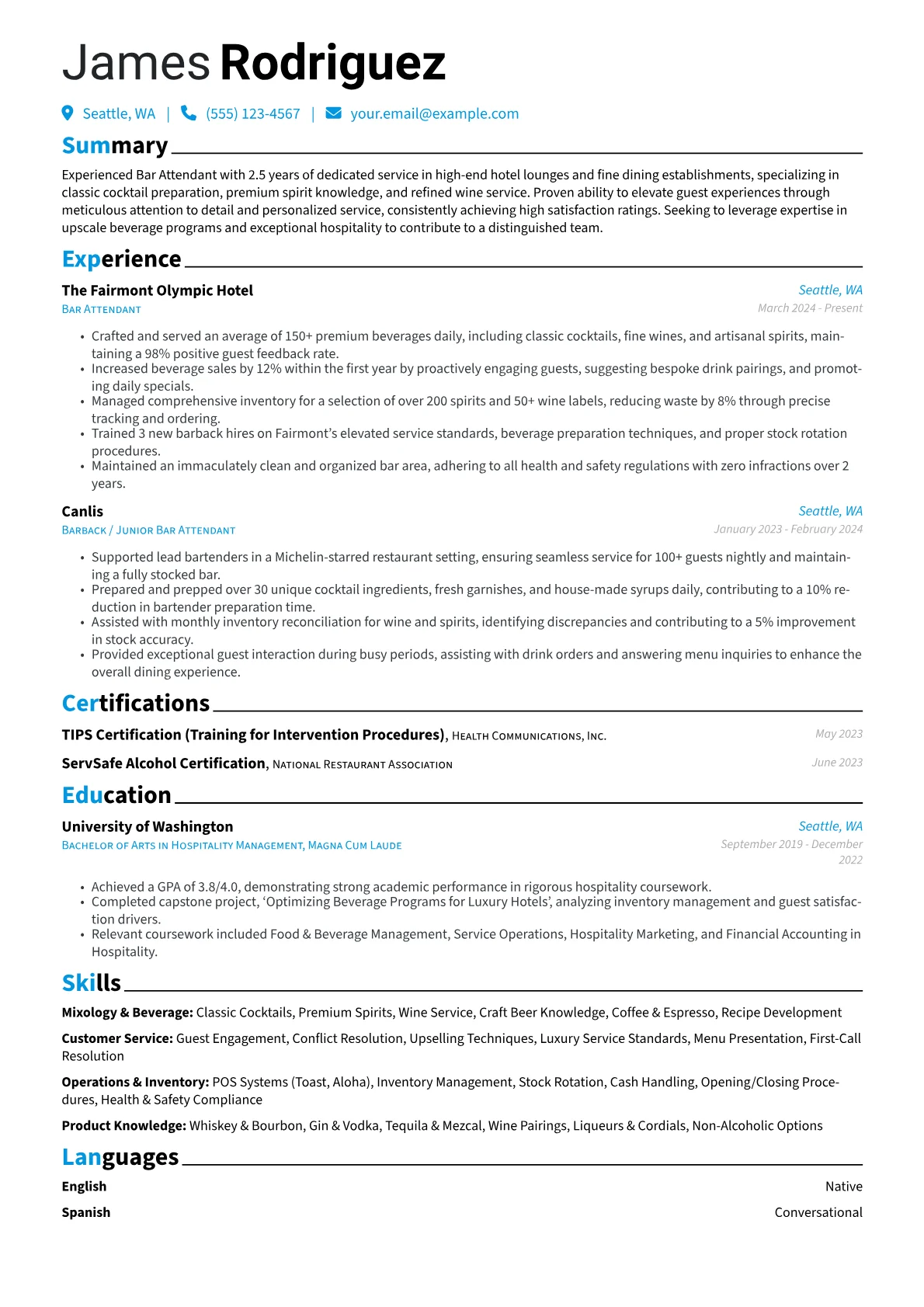 Bar Attendant resume example, Bar Attendant, page 1