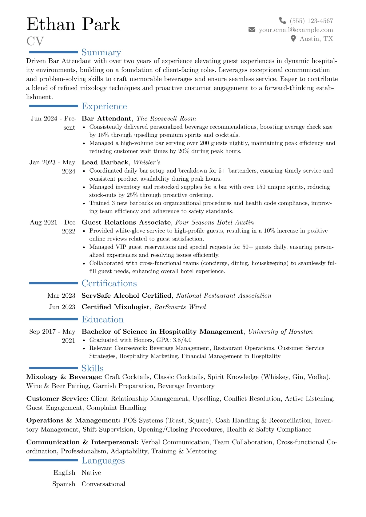 Bar Attendant resume example, Career changer, page 1