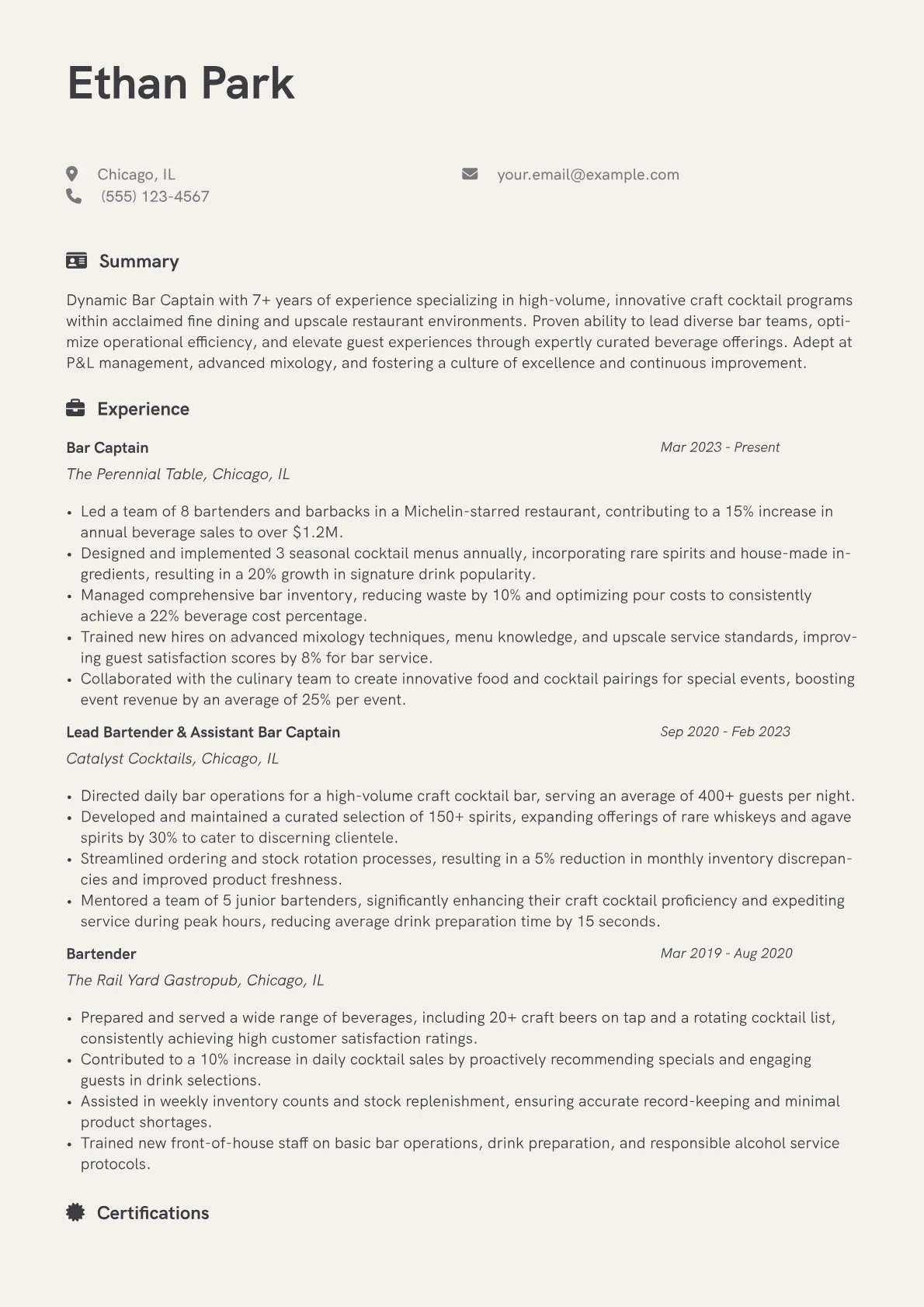 Bar Captain resume example, Craft Cocktail Specialist, page 1