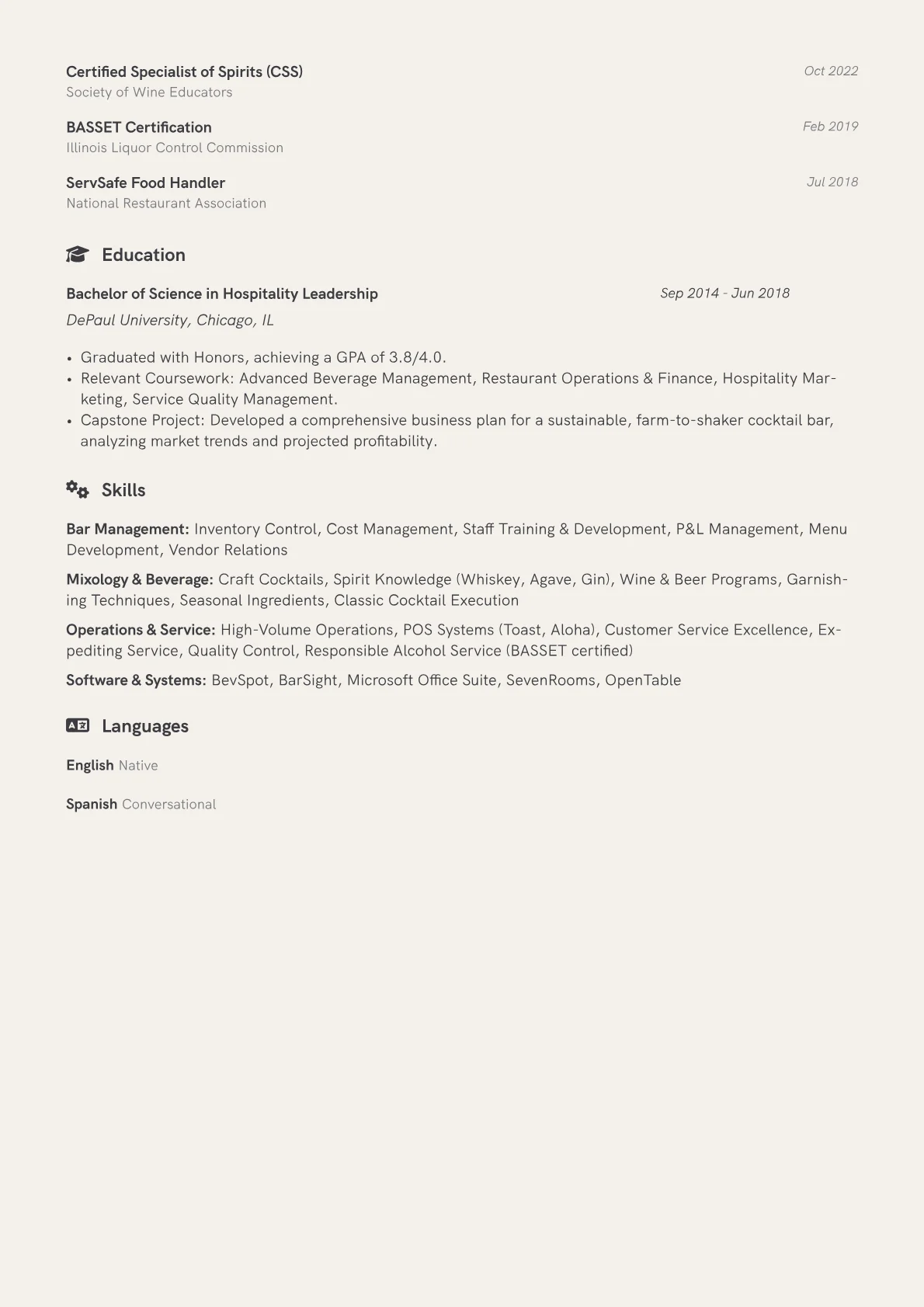 Bar Captain resume example, Craft Cocktail Specialist, page 2