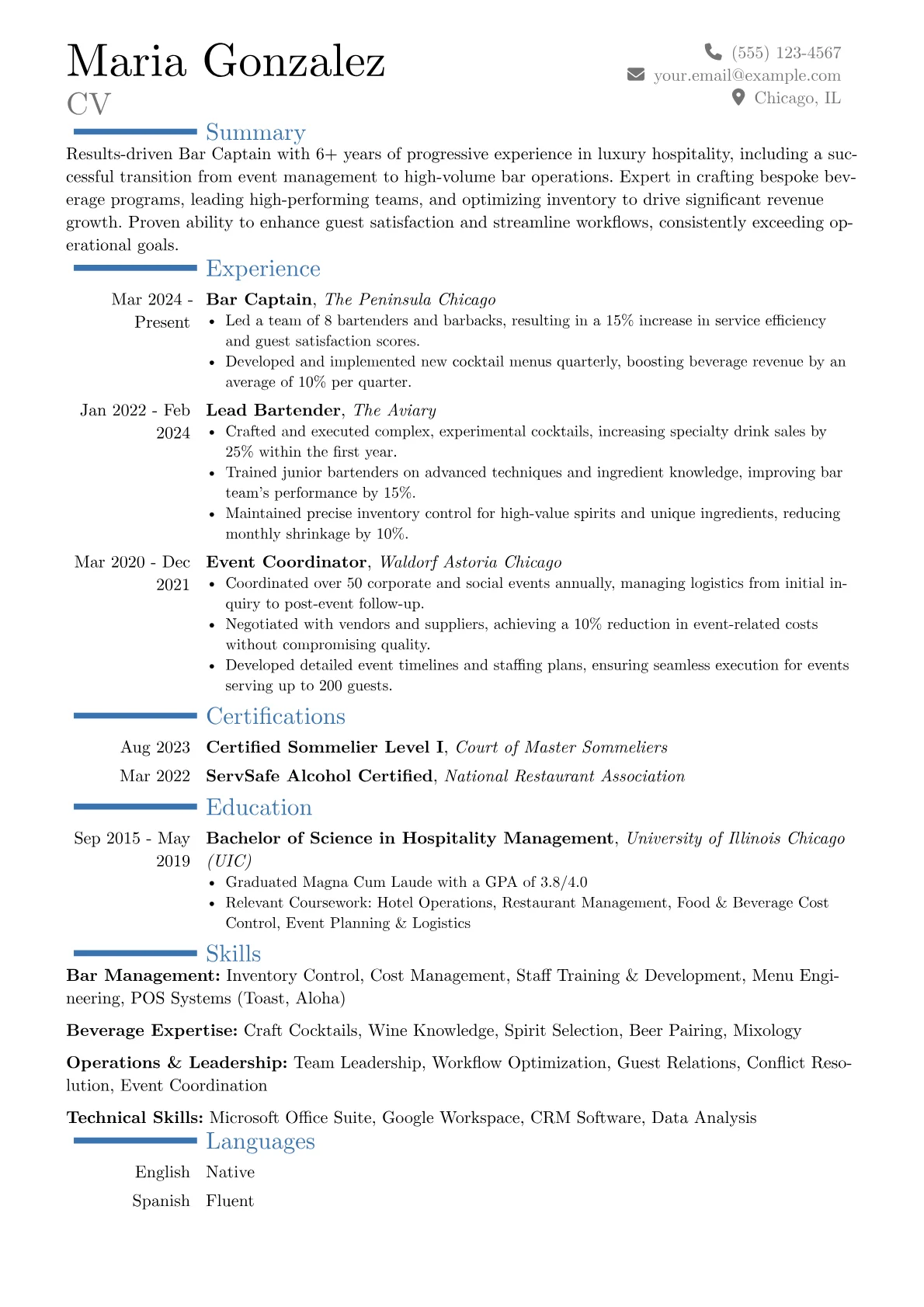 Bar Captain resume example, Career changer, page 1