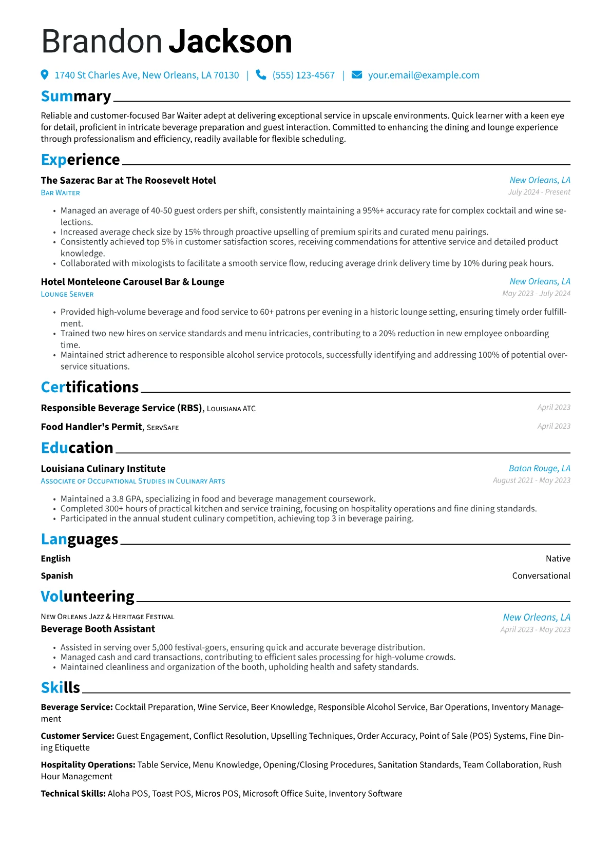 Bar Waiter resume example, Bar Waiter - Upscale Hotel, page 1