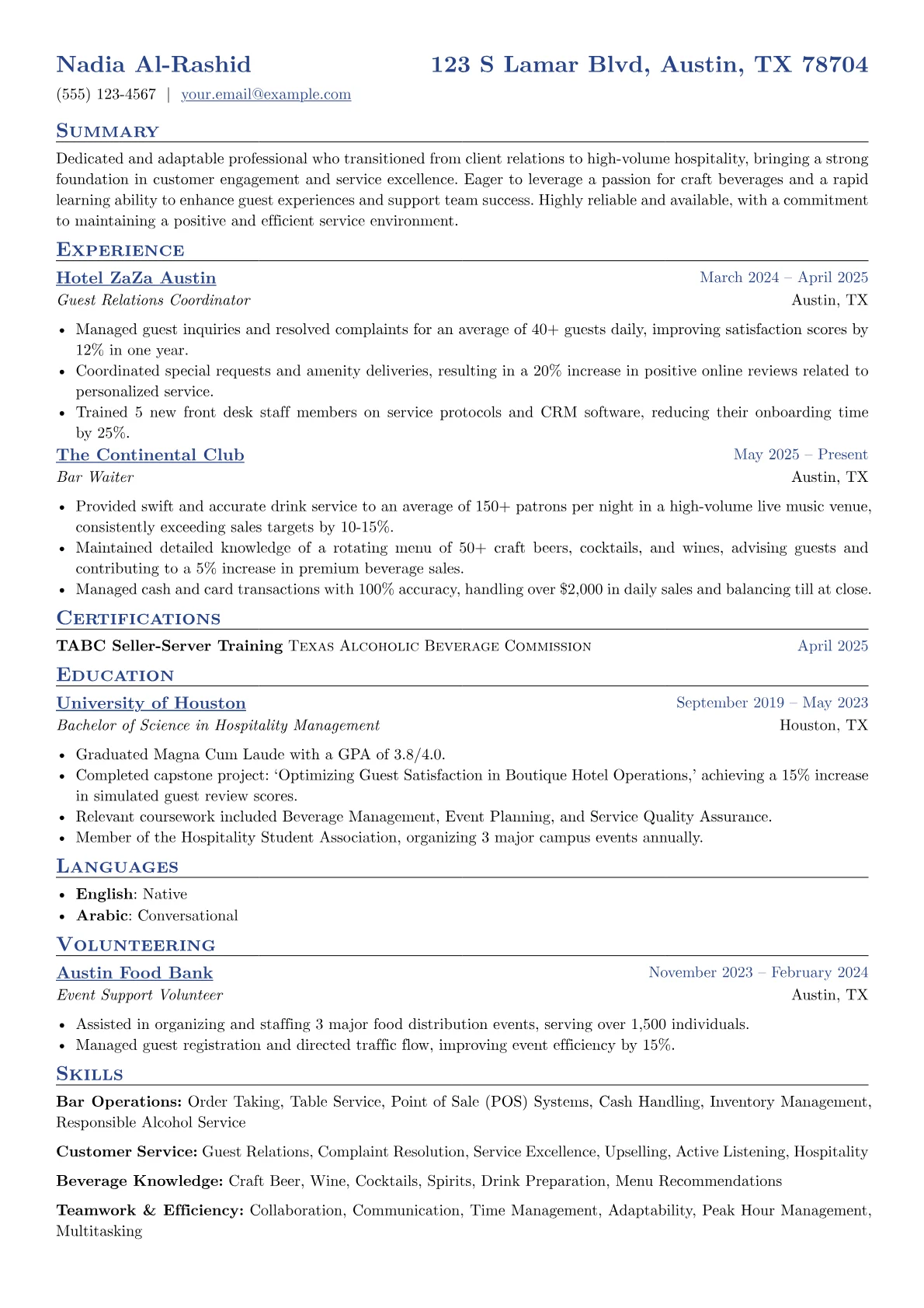 Bar Waiter resume example, Career changer, page 1