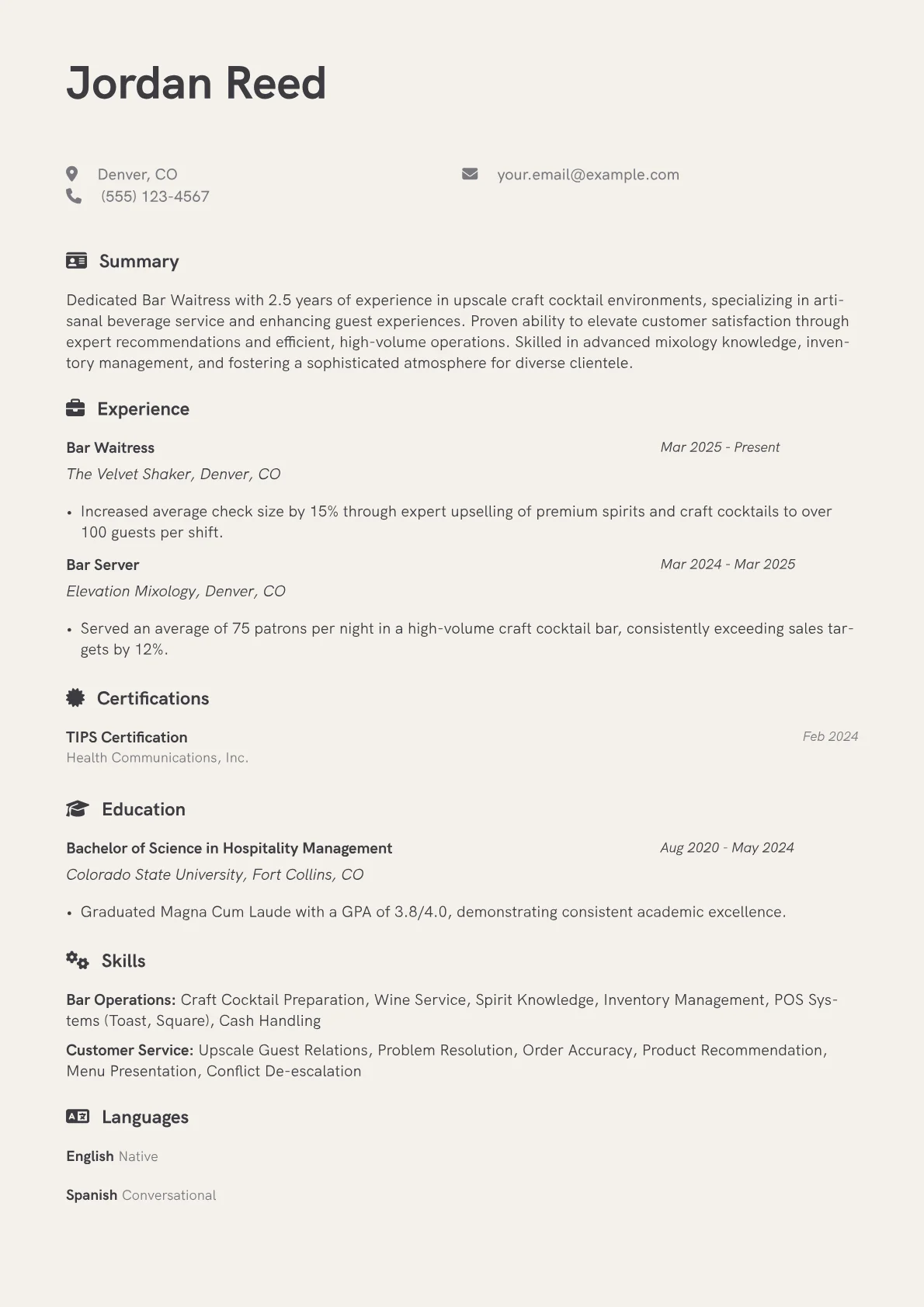 Bar Waitress resume example, Craft Cocktail Bar, page 1