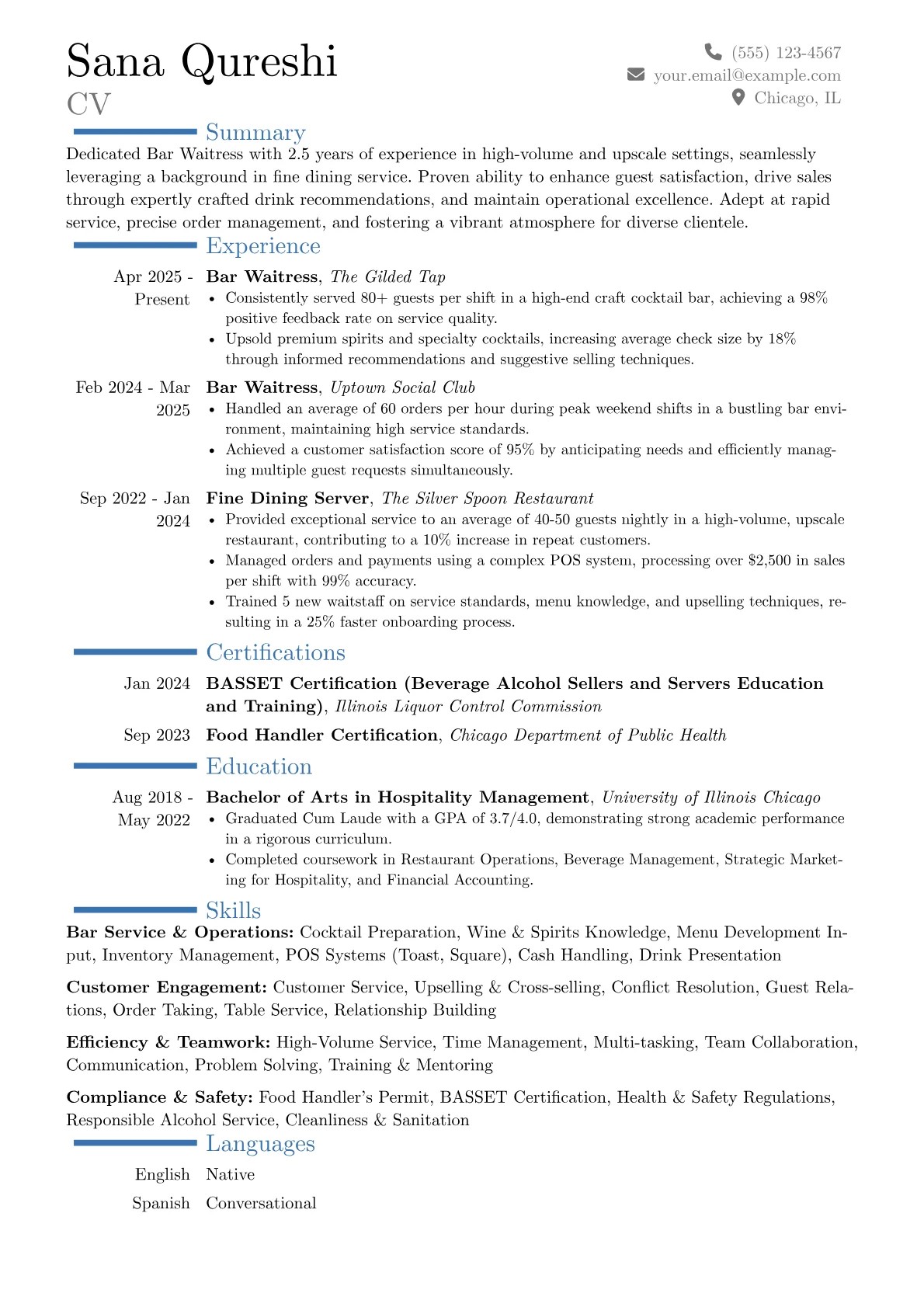 Bar Waitress resume example, Career changer, page 1