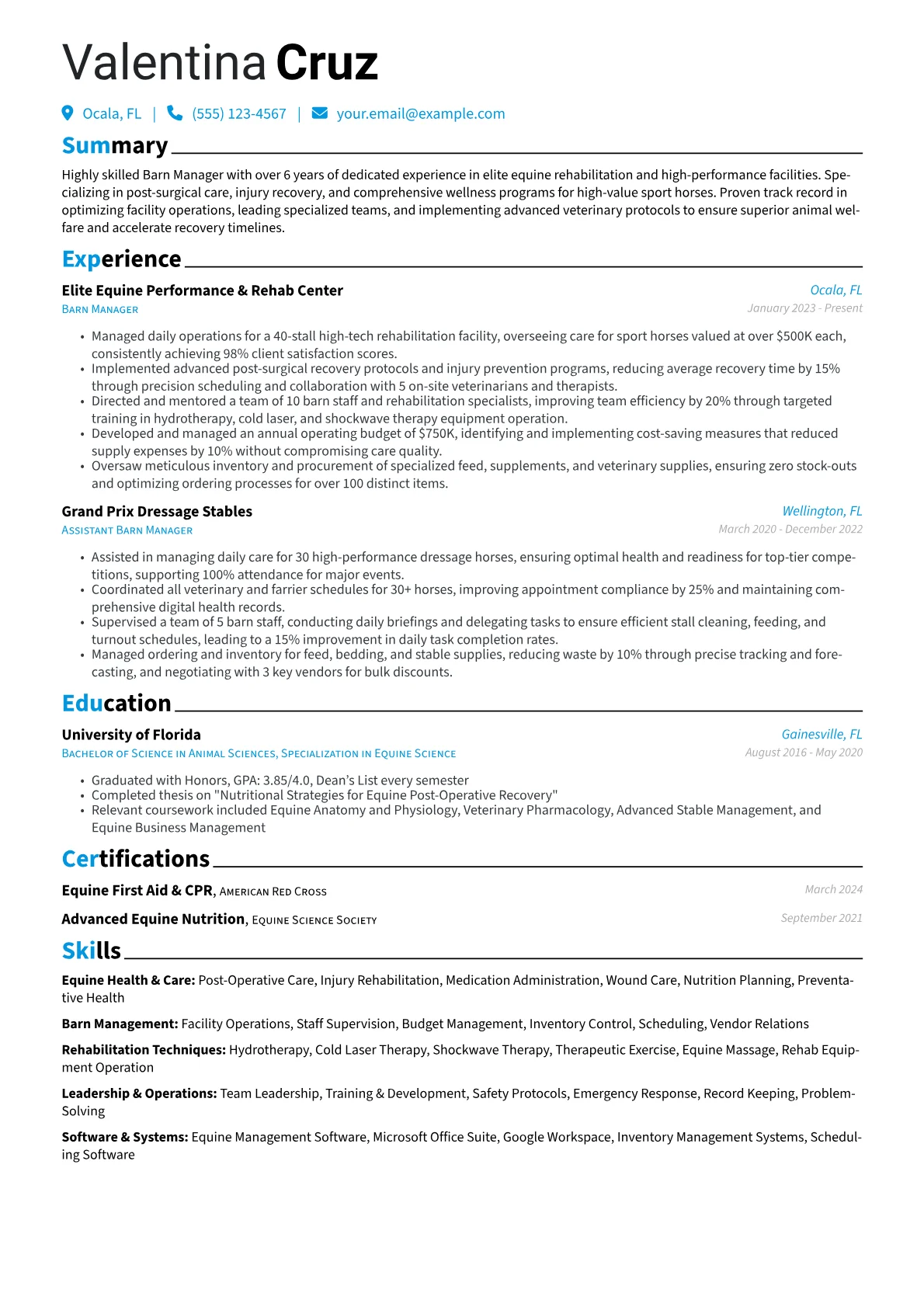 Barn Manager resume example, Equine Health & Care, page 1