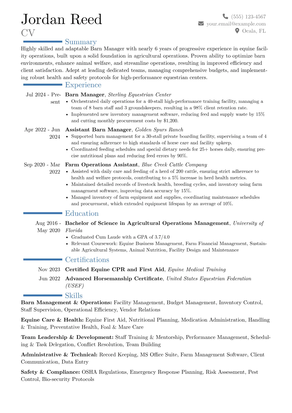 Barn Manager resume example, Career changer, page 1