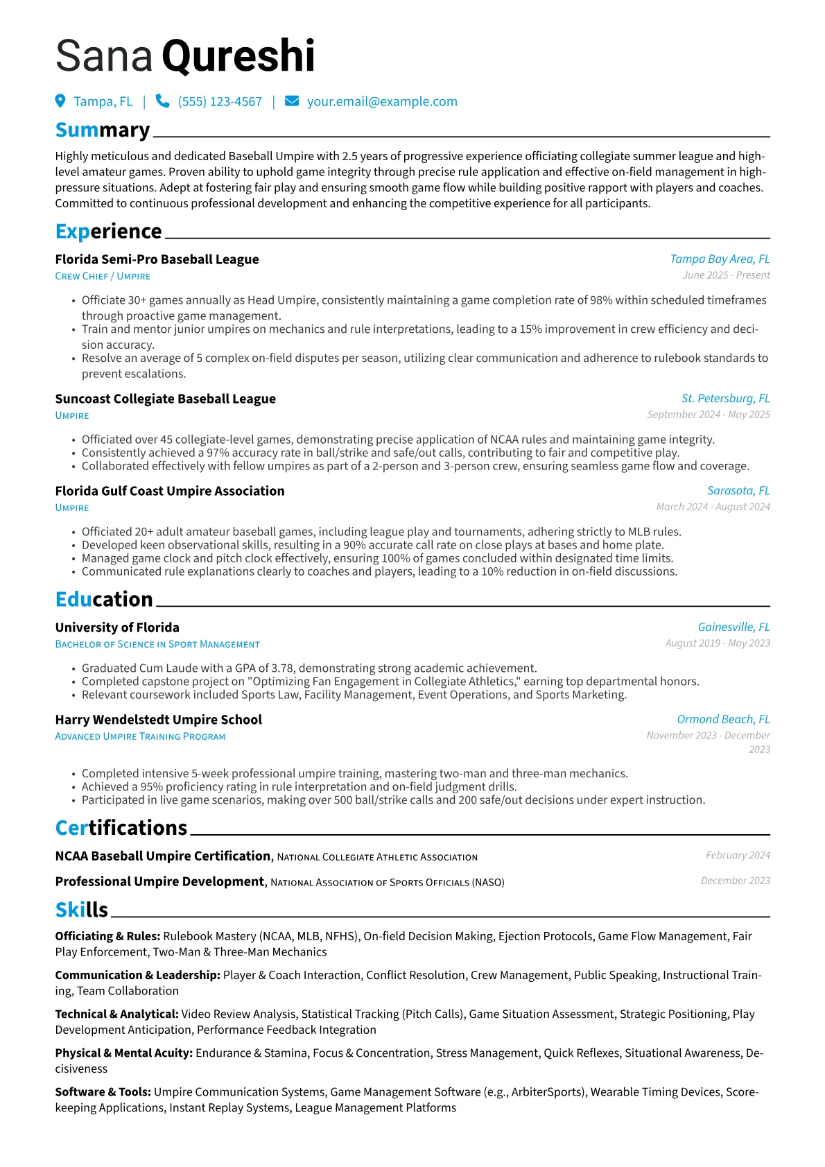 Baseball Umpire resume example, Collegiate & Semi-Pro, page 1