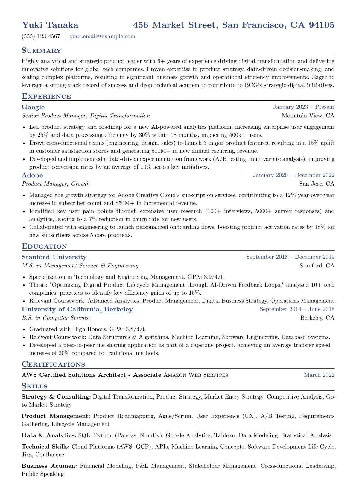 BCG resume example, Digital Transformation, page 1