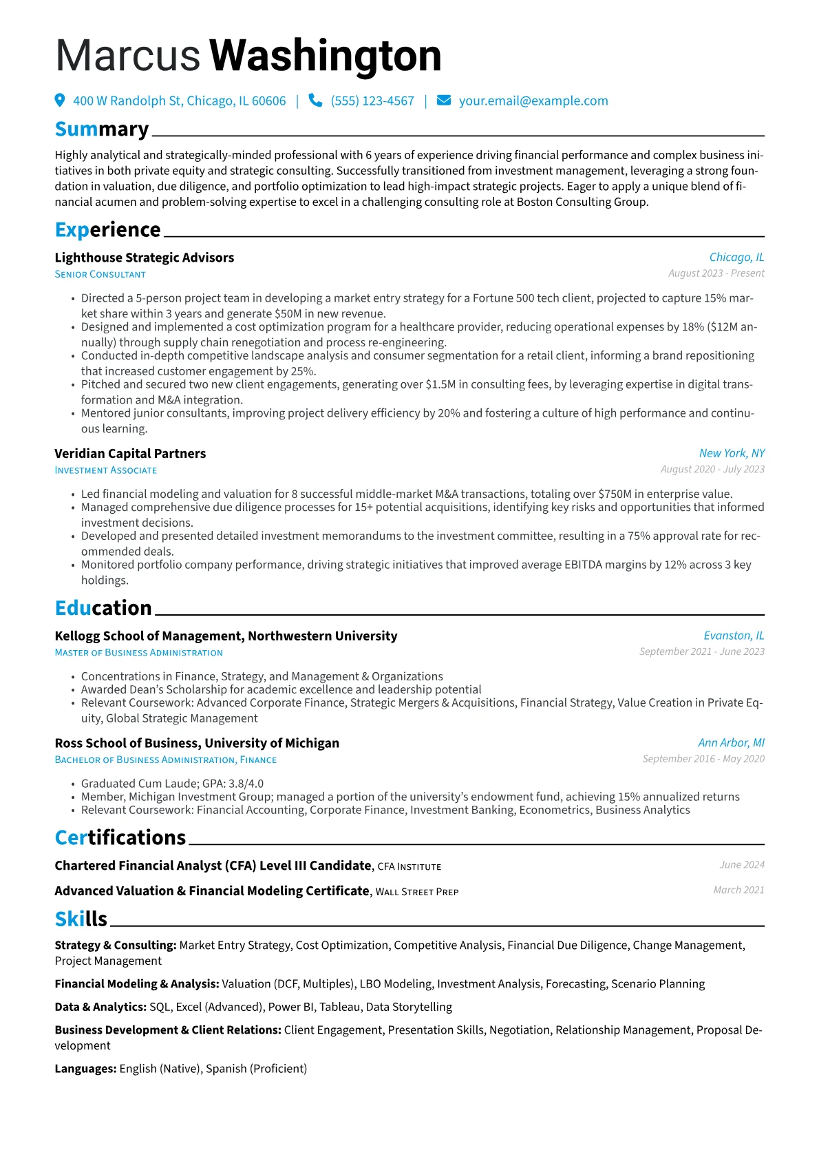 BCG resume example, Career changer, page 1