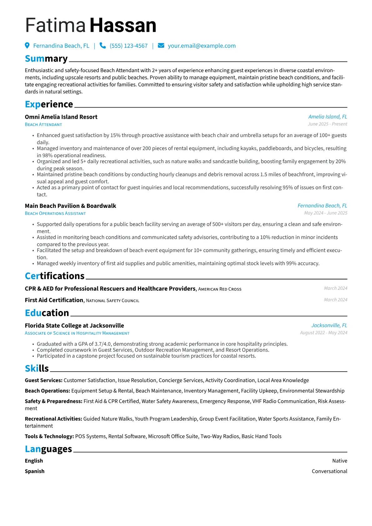 Beach Attendant resume example, Resort & Family Activities, page 1