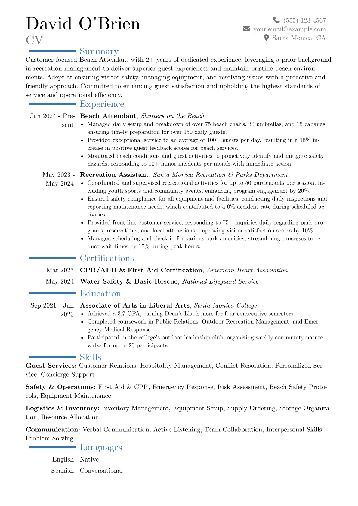 Beach Attendant resume example, Career changer, page 1