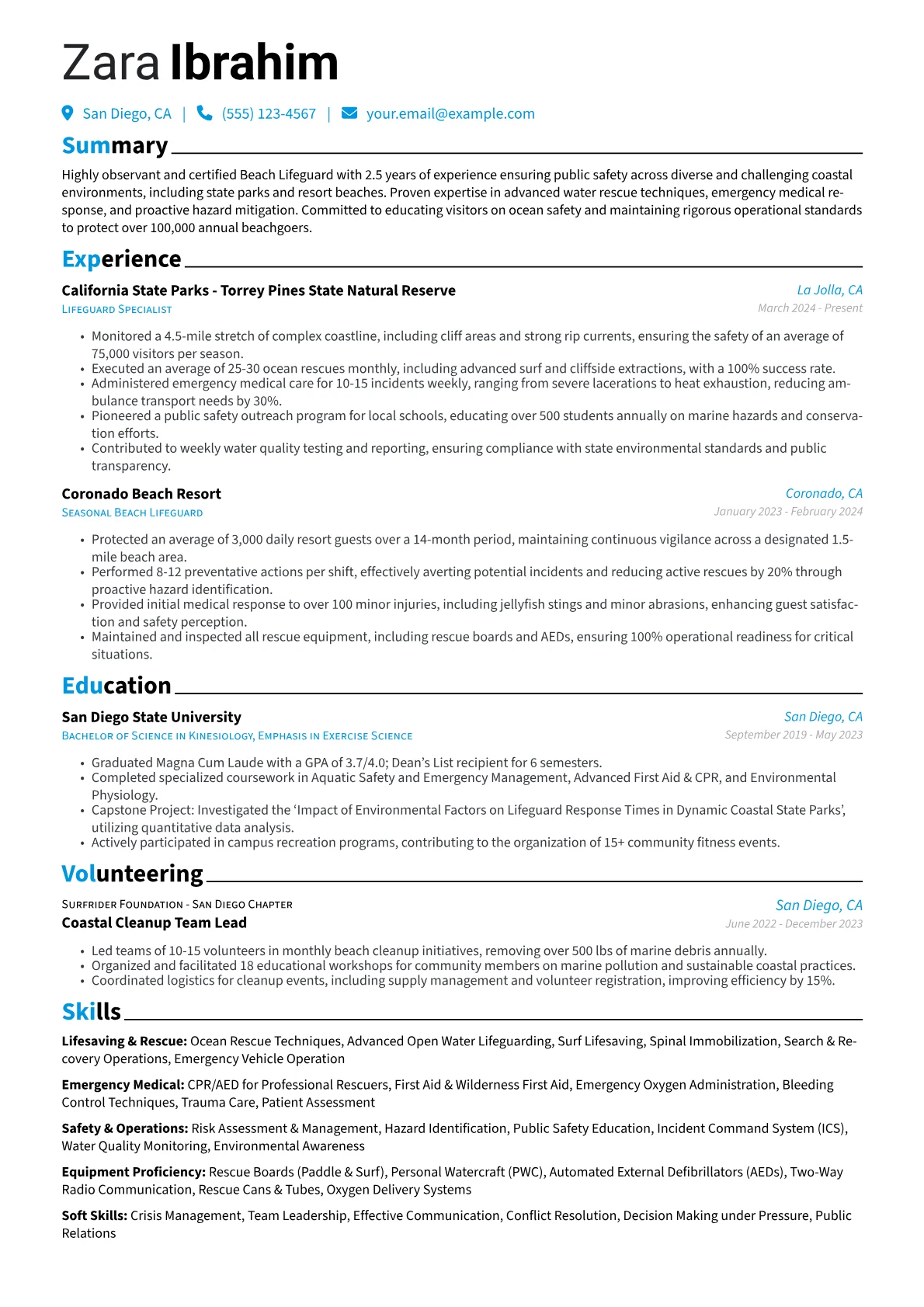 Beach Lifeguard resume example, Beach Lifeguard, page 1