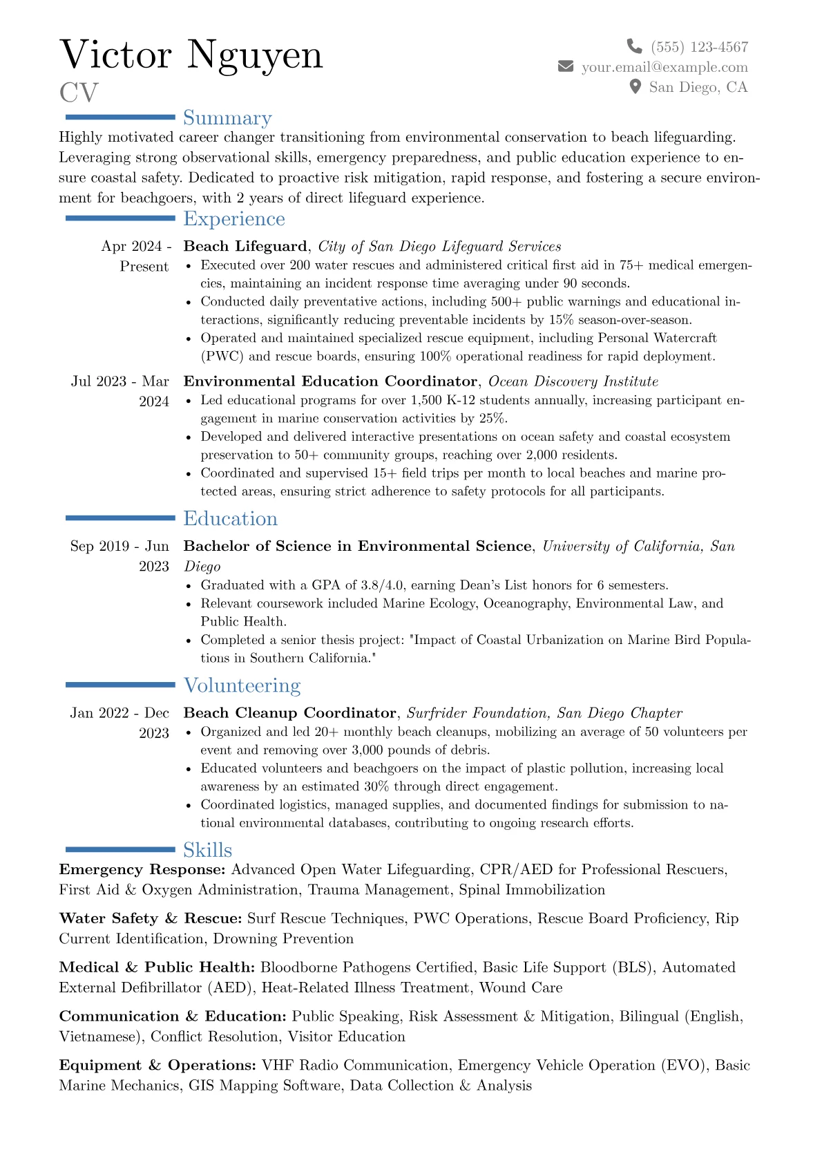 Beach Lifeguard resume example, Career changer, page 1