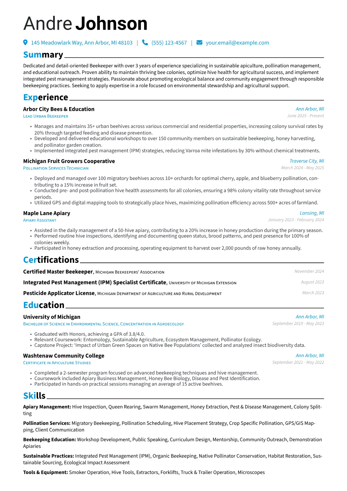 Beekeeper resume example, Beekeeper - Pollination, page 1