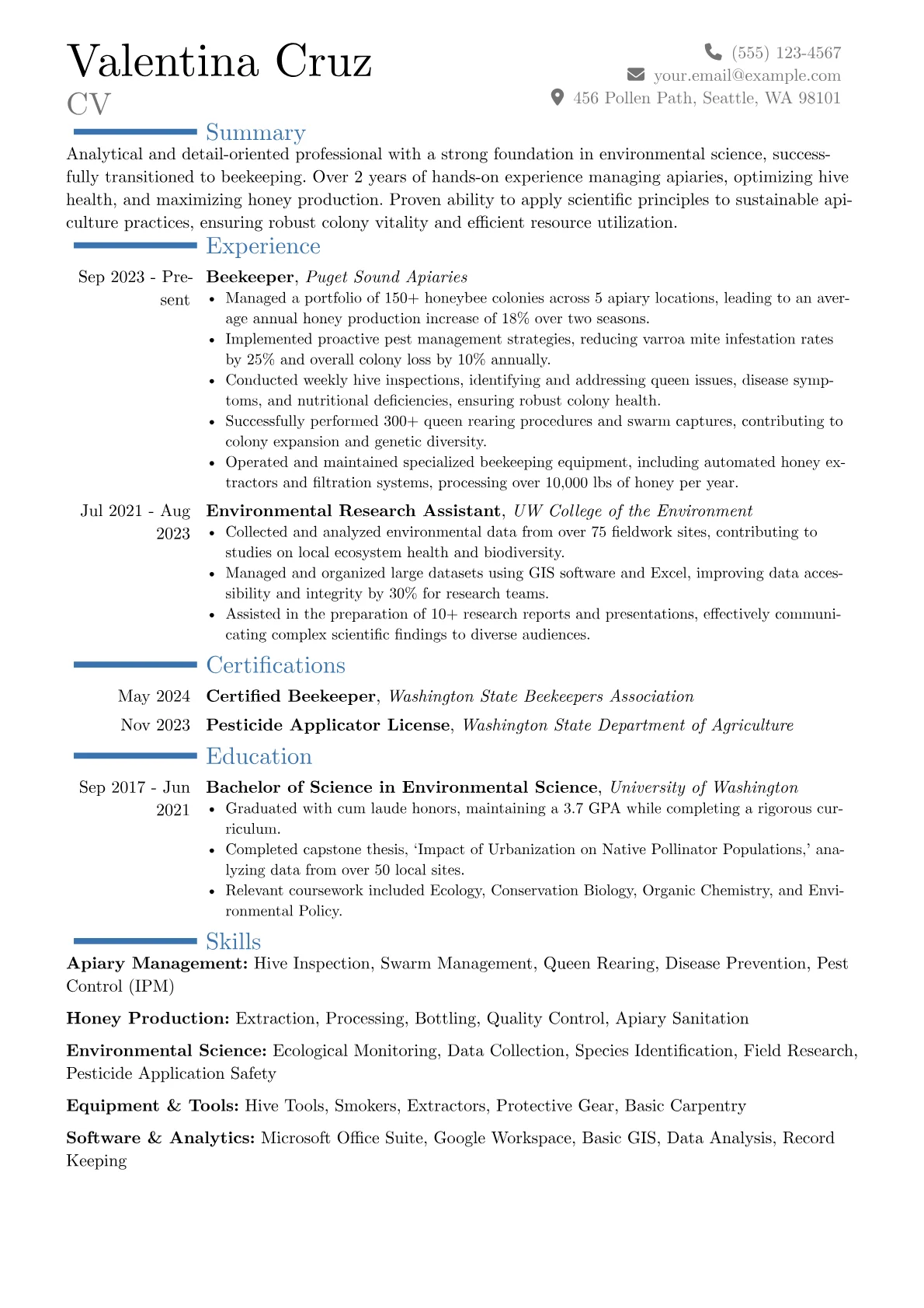 Beekeeper resume example, Career changer, page 1