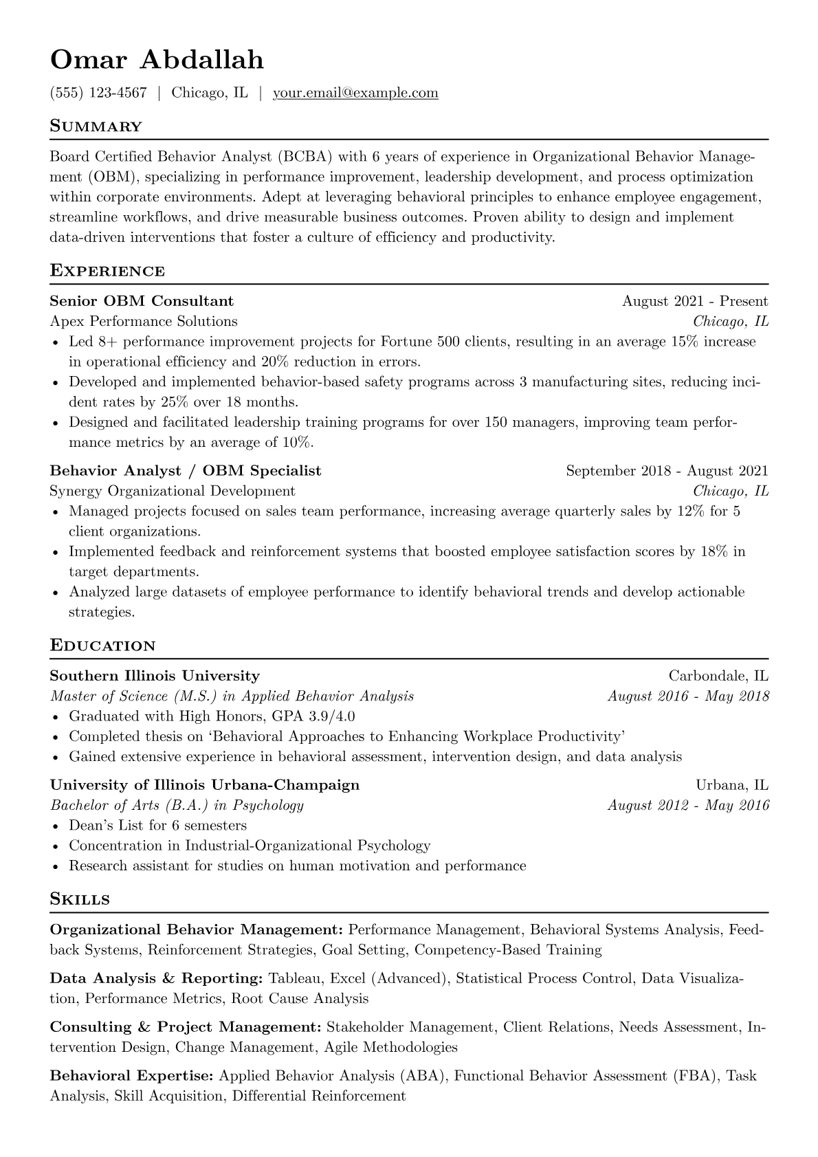 Behavior Analyst resume example, Organizational, page 1