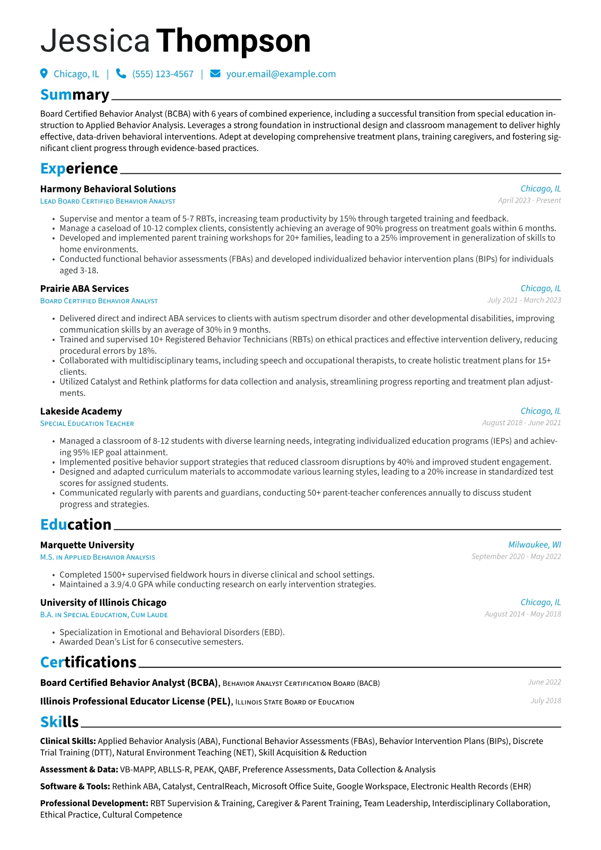 Behavior Analyst resume example, Career changer, page 1