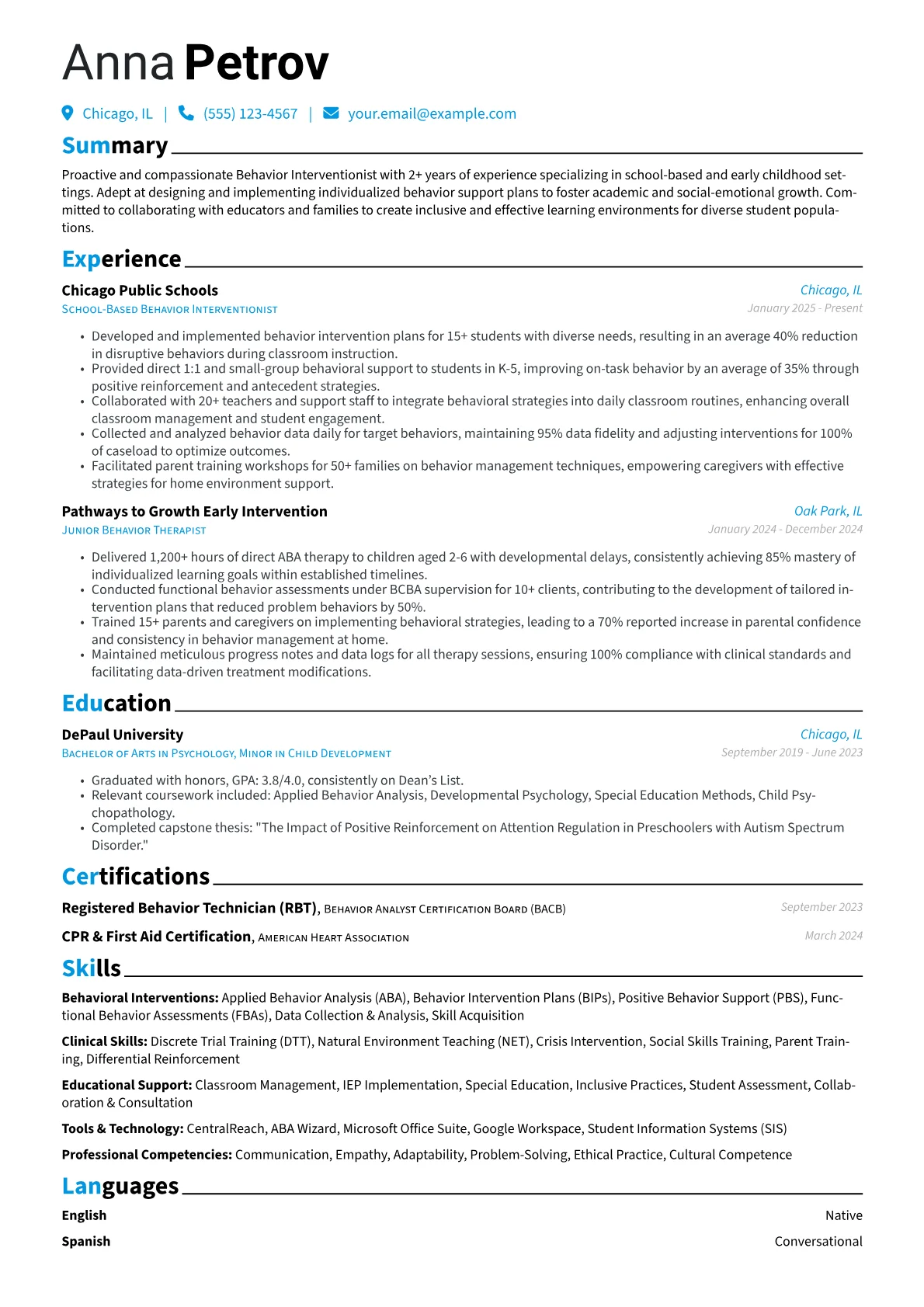 Behavior Interventionist resume example, Behavior Interventionist, page 1