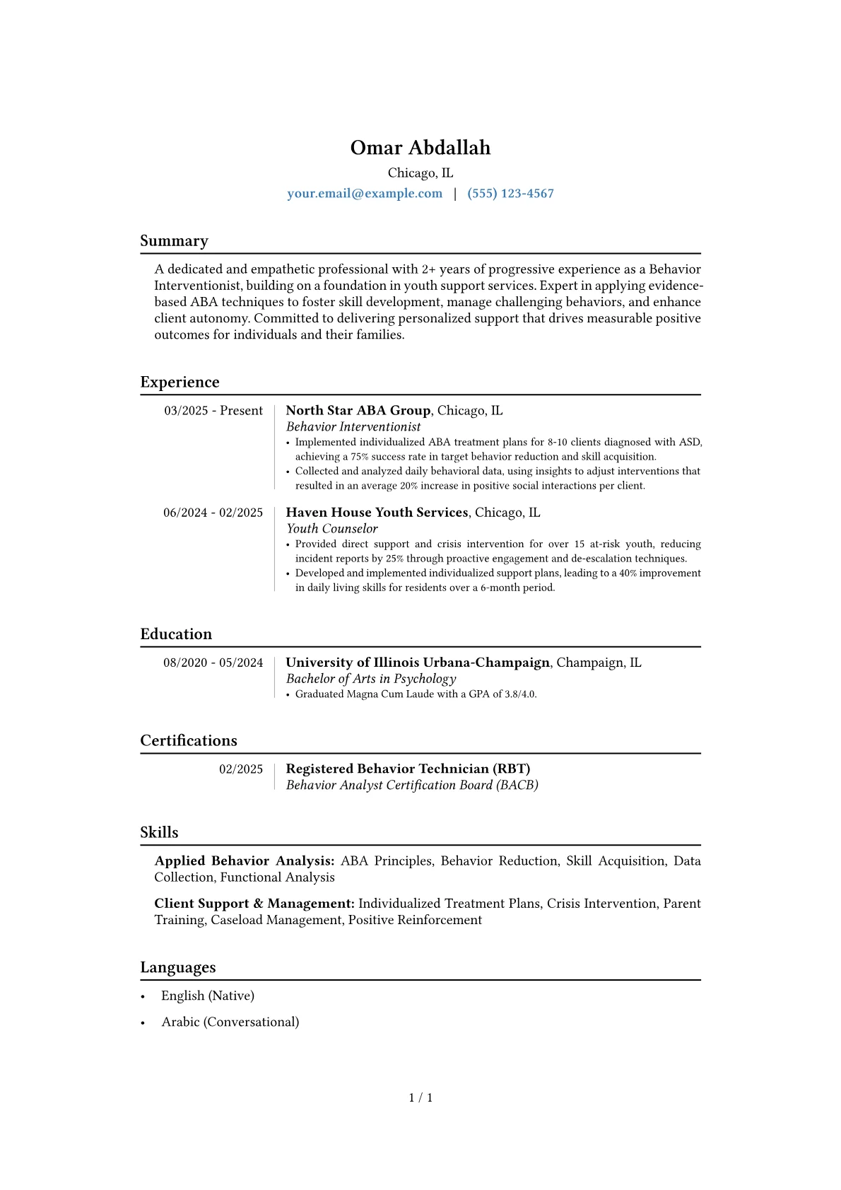 Behavior Interventionist resume example, Career changer, page 1