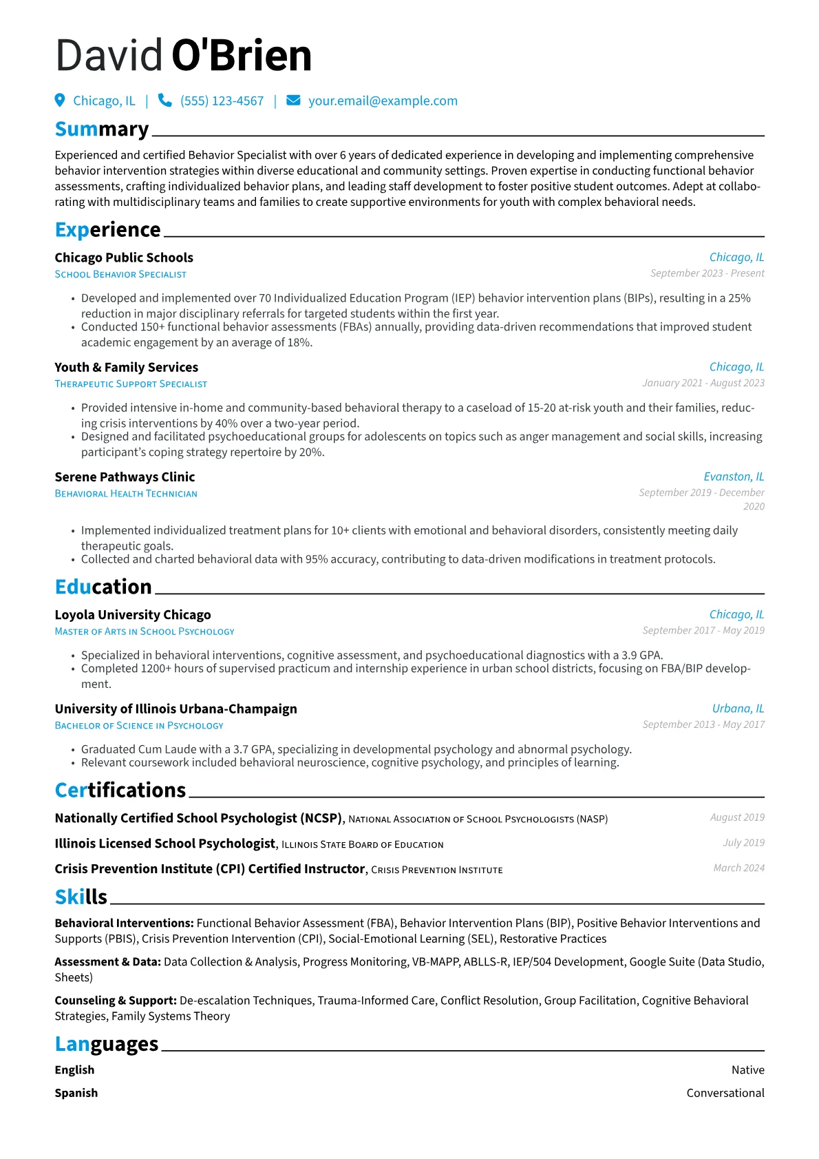 Behavior Specialist resume example, School-Based Behavior, page 1