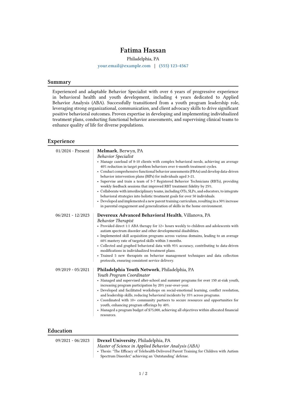 Behavior Specialist resume example, Career changer, page 1