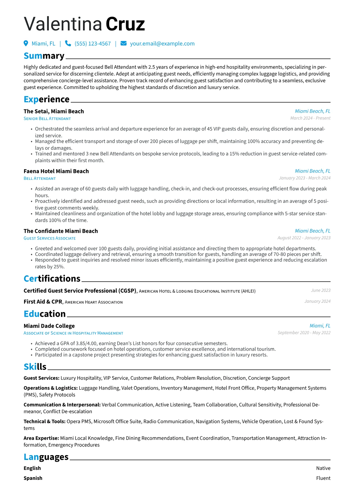 Bell Attendant resume example, Bell Attendant - Luxury, page 1